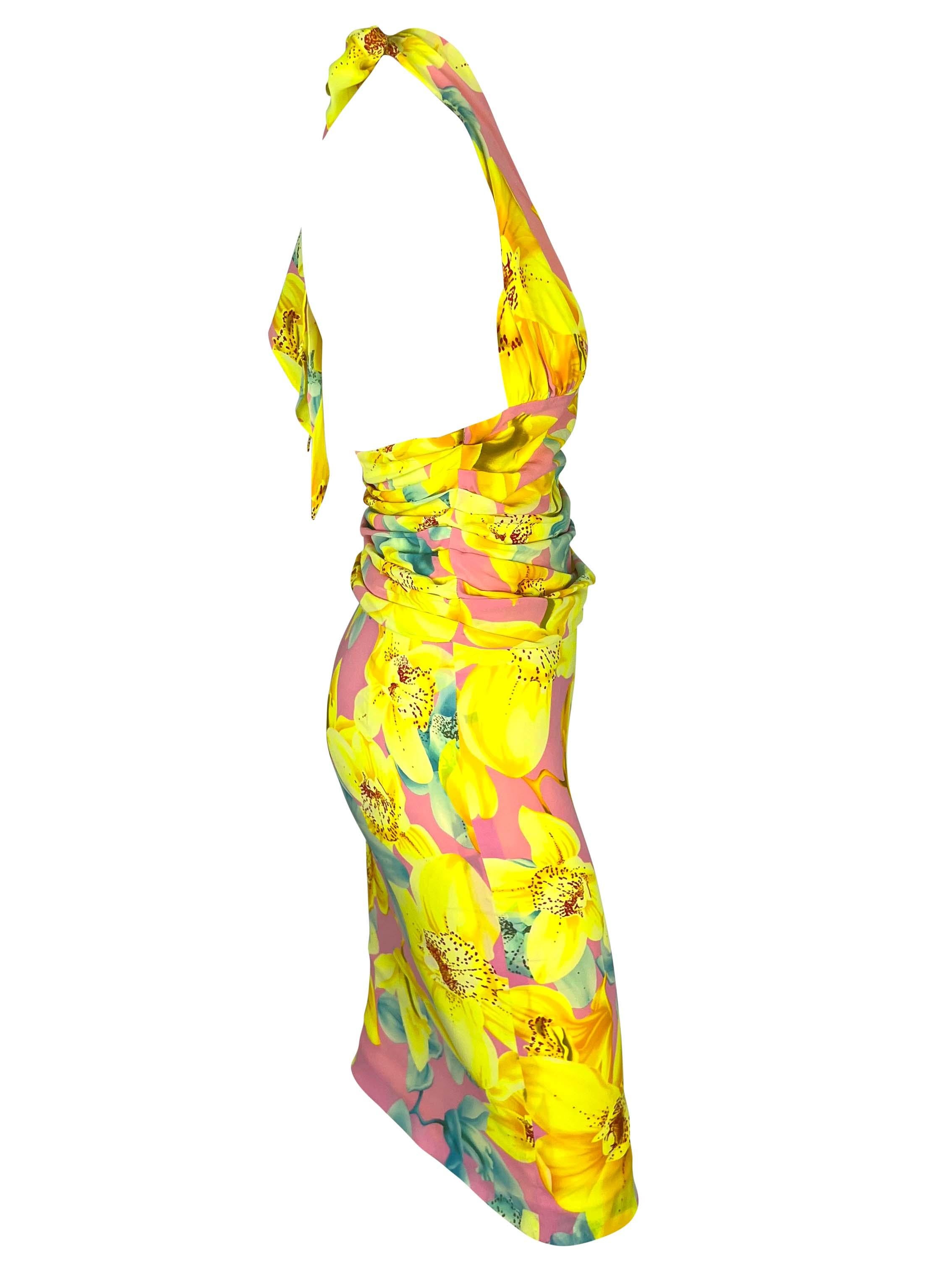 S/S 2004 Versace by Donatella Runway Neon Pink Floral Halter Top Skirt Set For Sale 1
