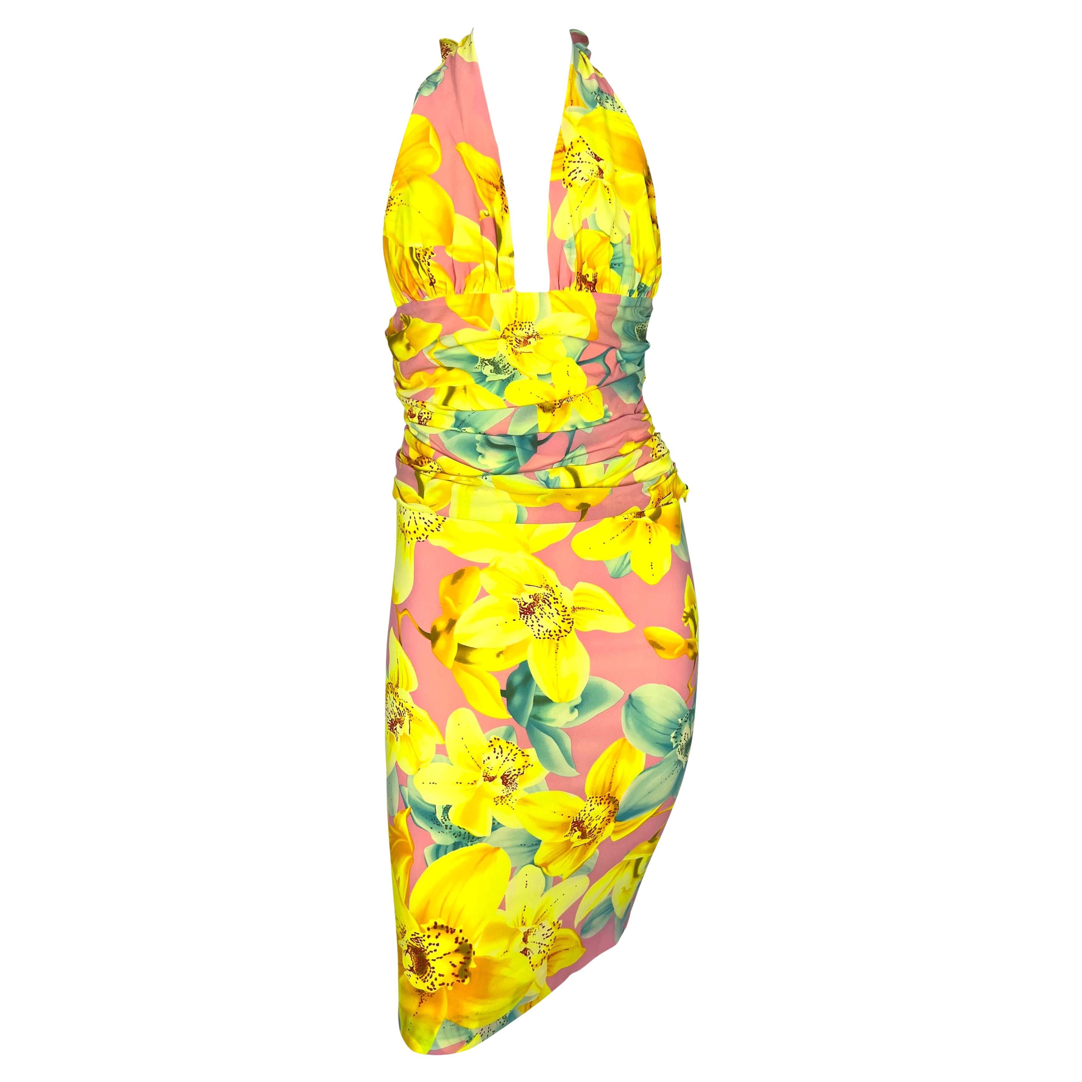 S/S 2004 Versace by Donatella Versace Runway Neon Pink Floral Halter Top Skirt Set