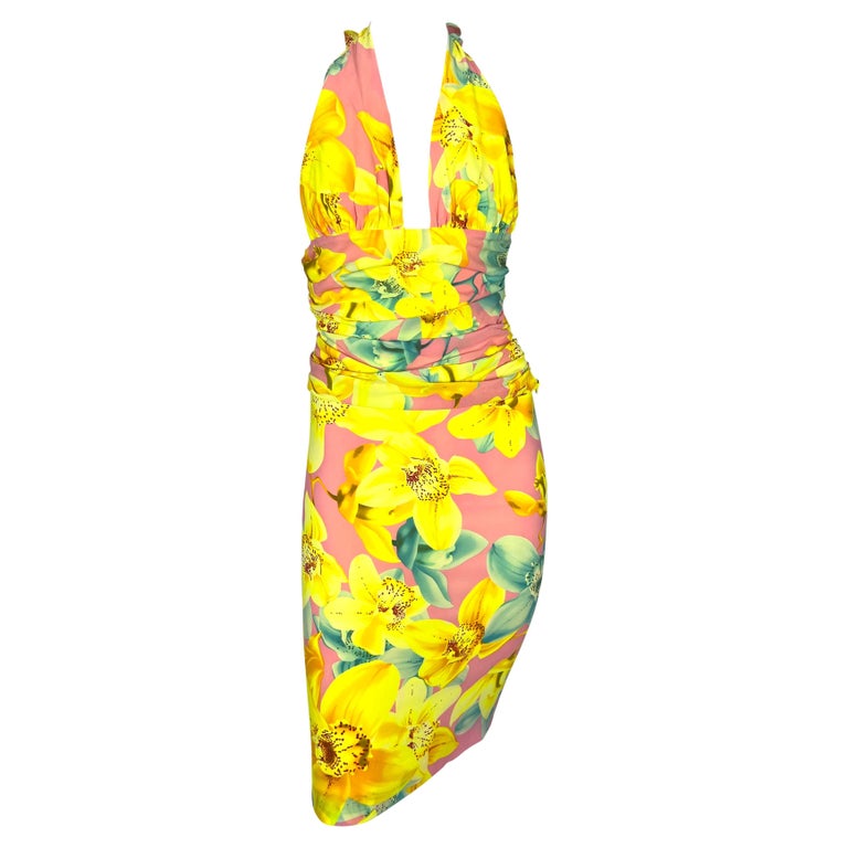S/S 2004 Versace by Donatella Runway Neon Pink Floral Halter Top Skirt Set For Sale