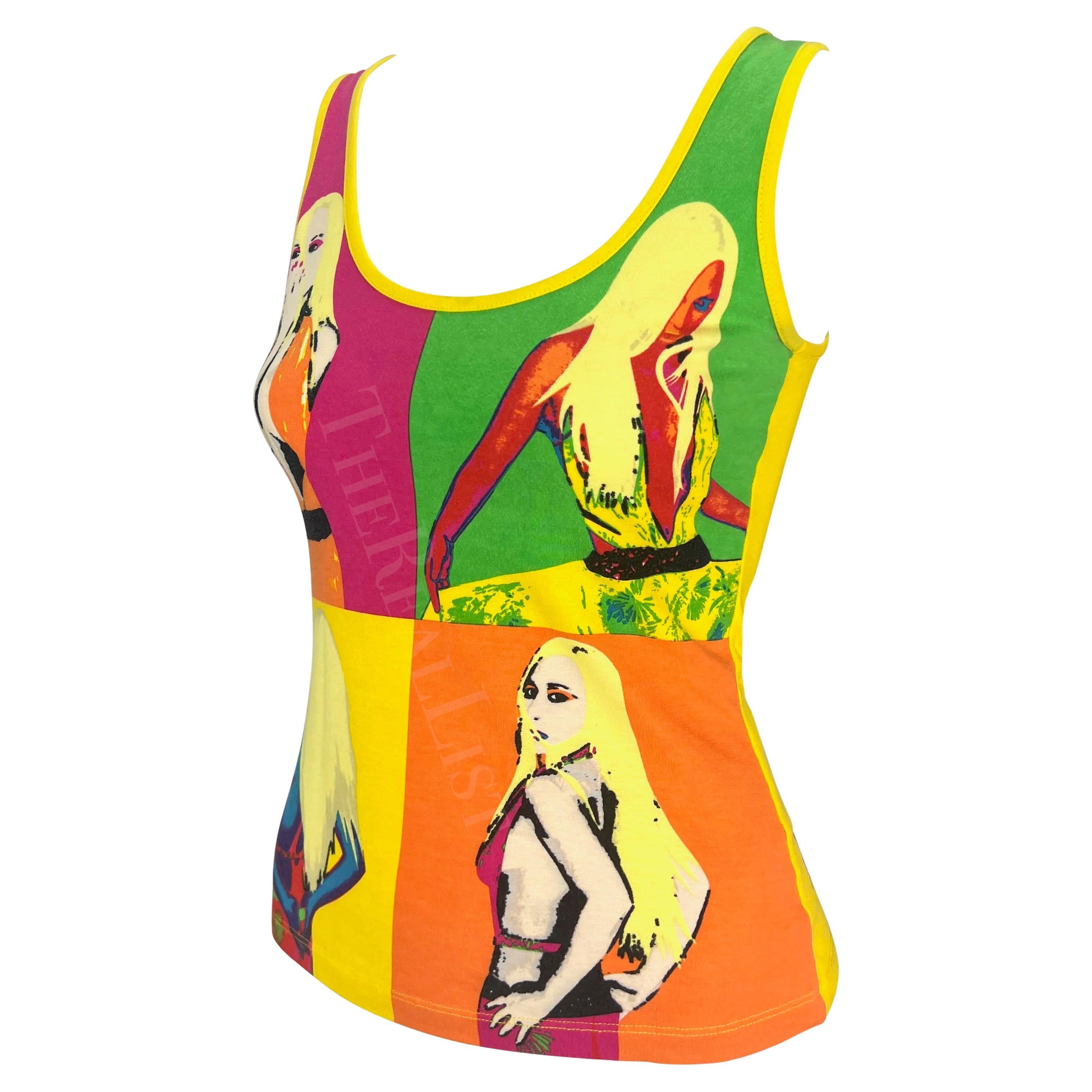 S/S 2004 Versace by Donatella Runway Neon Pop-Art Warhol Stretch Tank Top For Sale 1