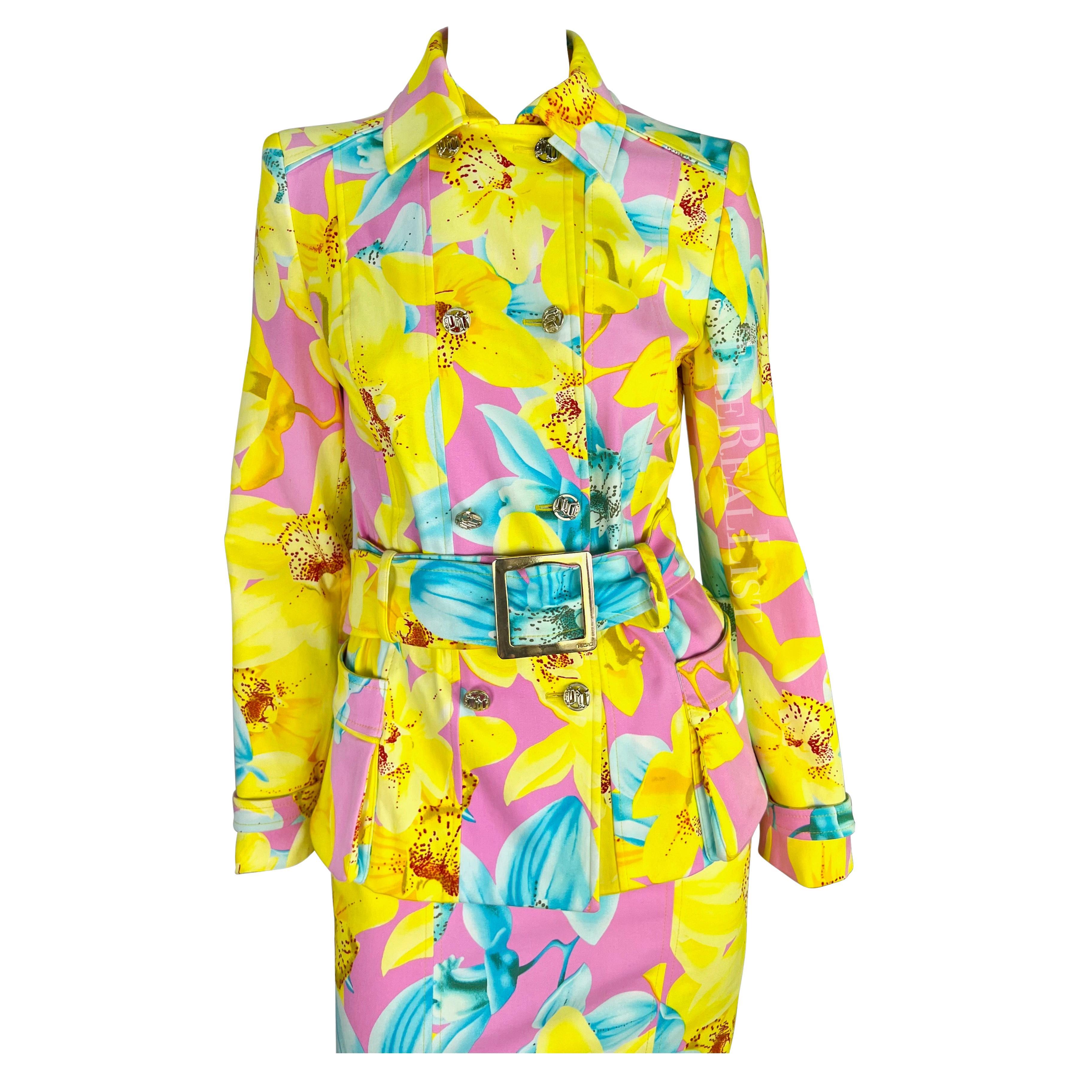 S/S 2004 Versace by Donatella Runway Pink Neon Yellow Floral Belted Skirt Suit In Excellent Condition For Sale In West Hollywood, CA
