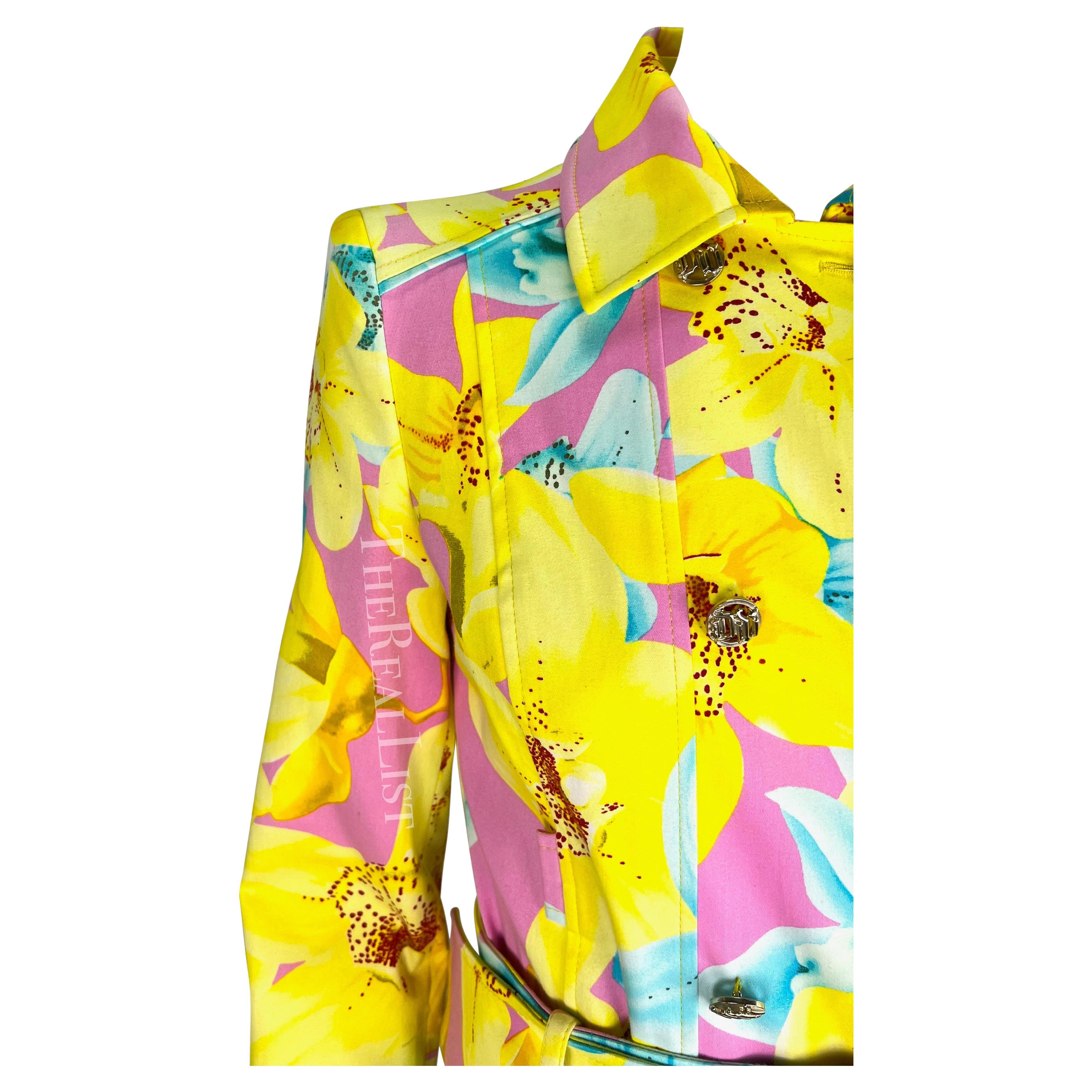 S/S 2004 Versace by Donatella Runway Pink Neon Yellow Floral Belted Skirt Suit For Sale 1