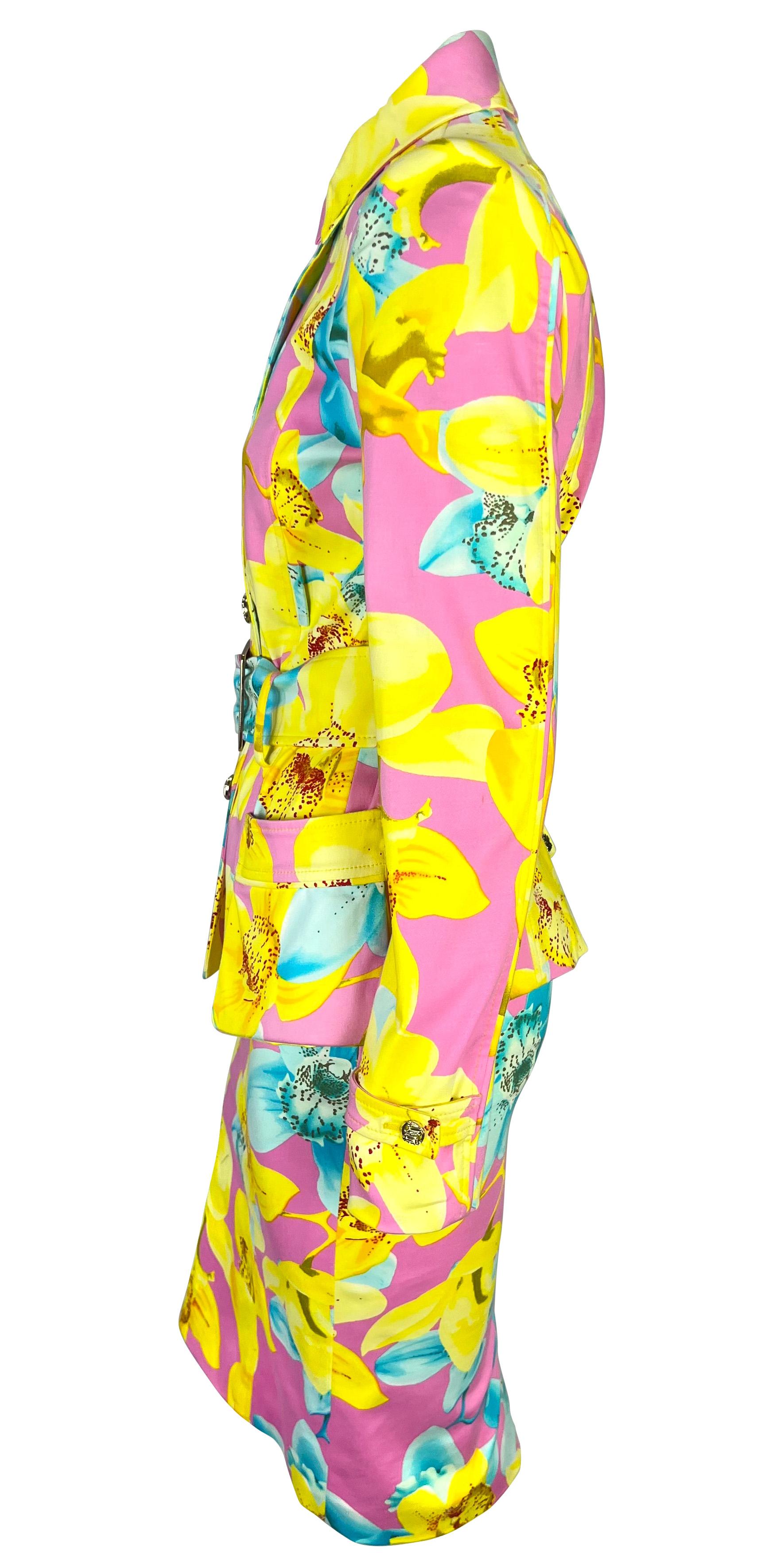 S/S 2004 Versace by Donatella Runway Pink Neon Yellow Floral Belted Skirt Suit For Sale 1