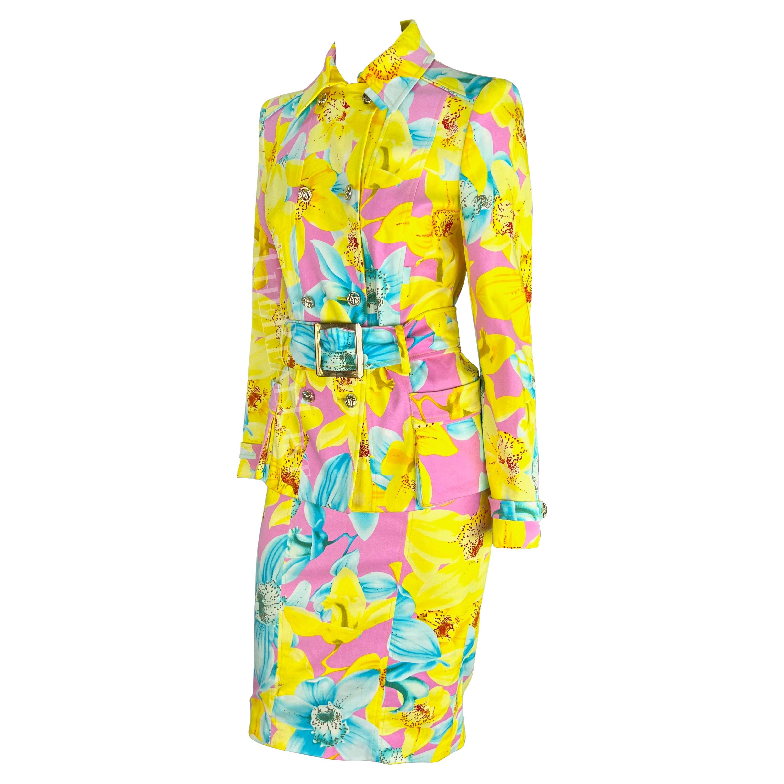 S/S 2004 Versace by Donatella Runway Pink Neon Yellow Floral Belted Skirt Suit For Sale 2