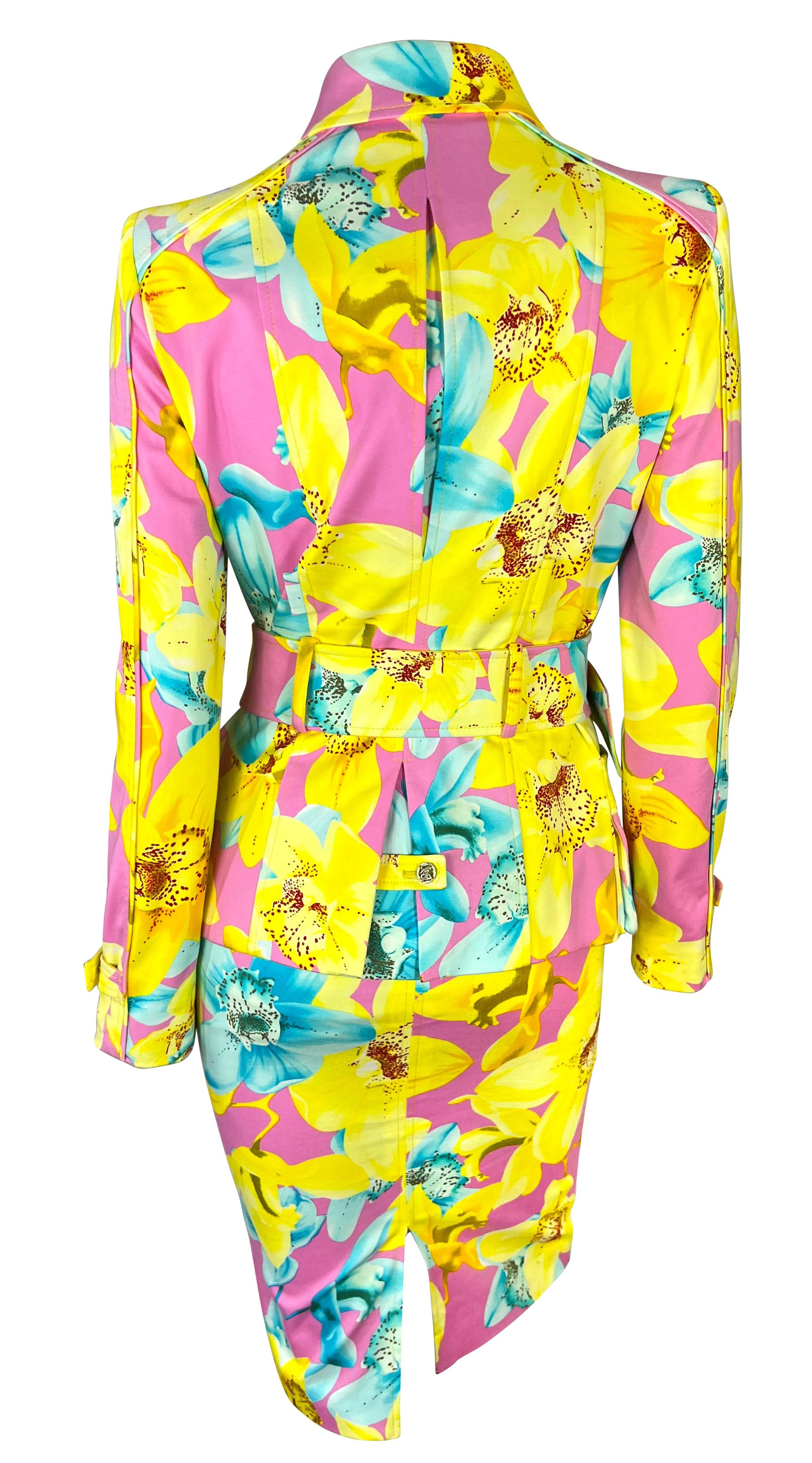 S/S 2004 Versace by Donatella Runway Pink Neon Yellow Floral Belted Skirt Suit For Sale 2