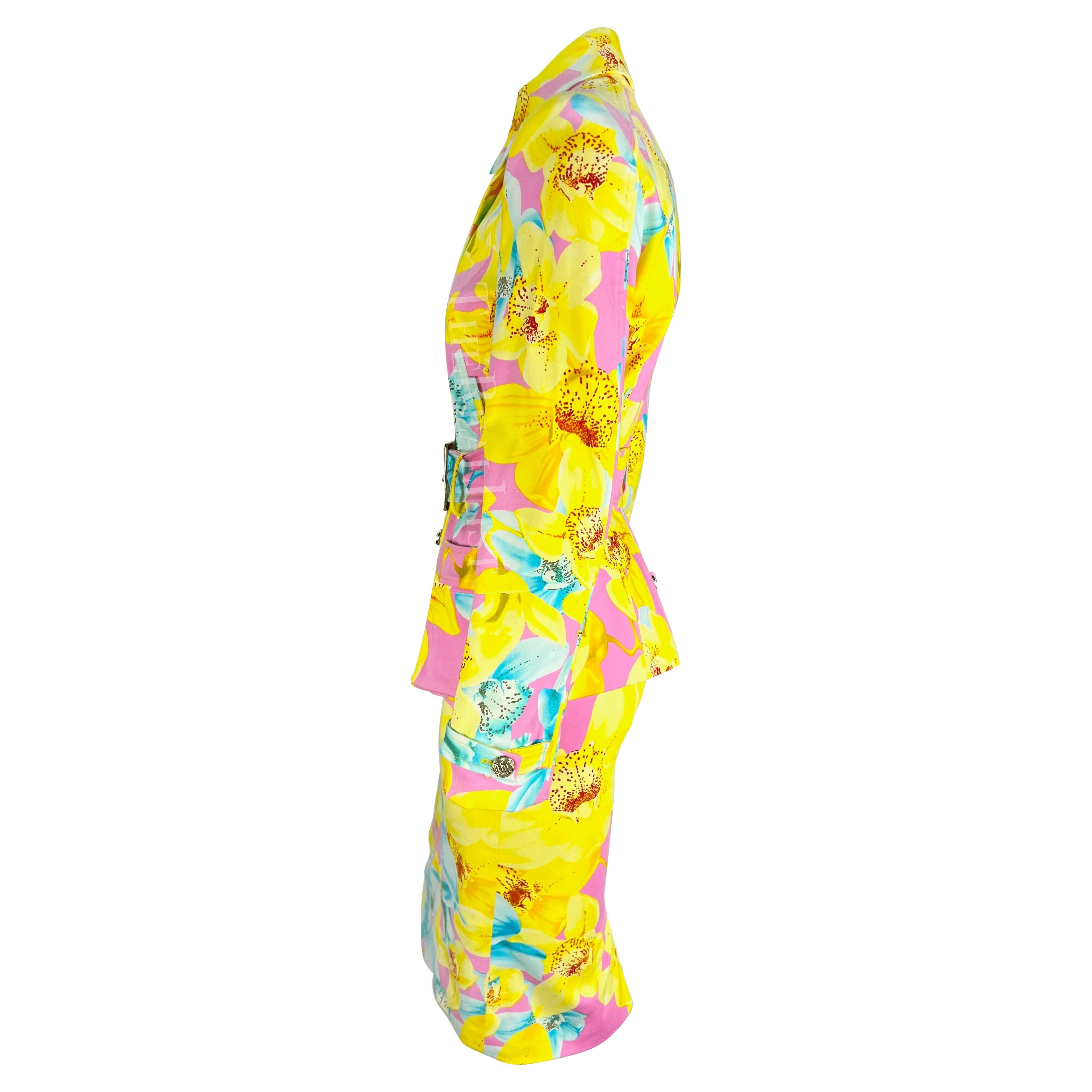 S/S 2004 Versace by Donatella Runway Pink Neon Yellow Floral Belted Skirt Suit For Sale 3
