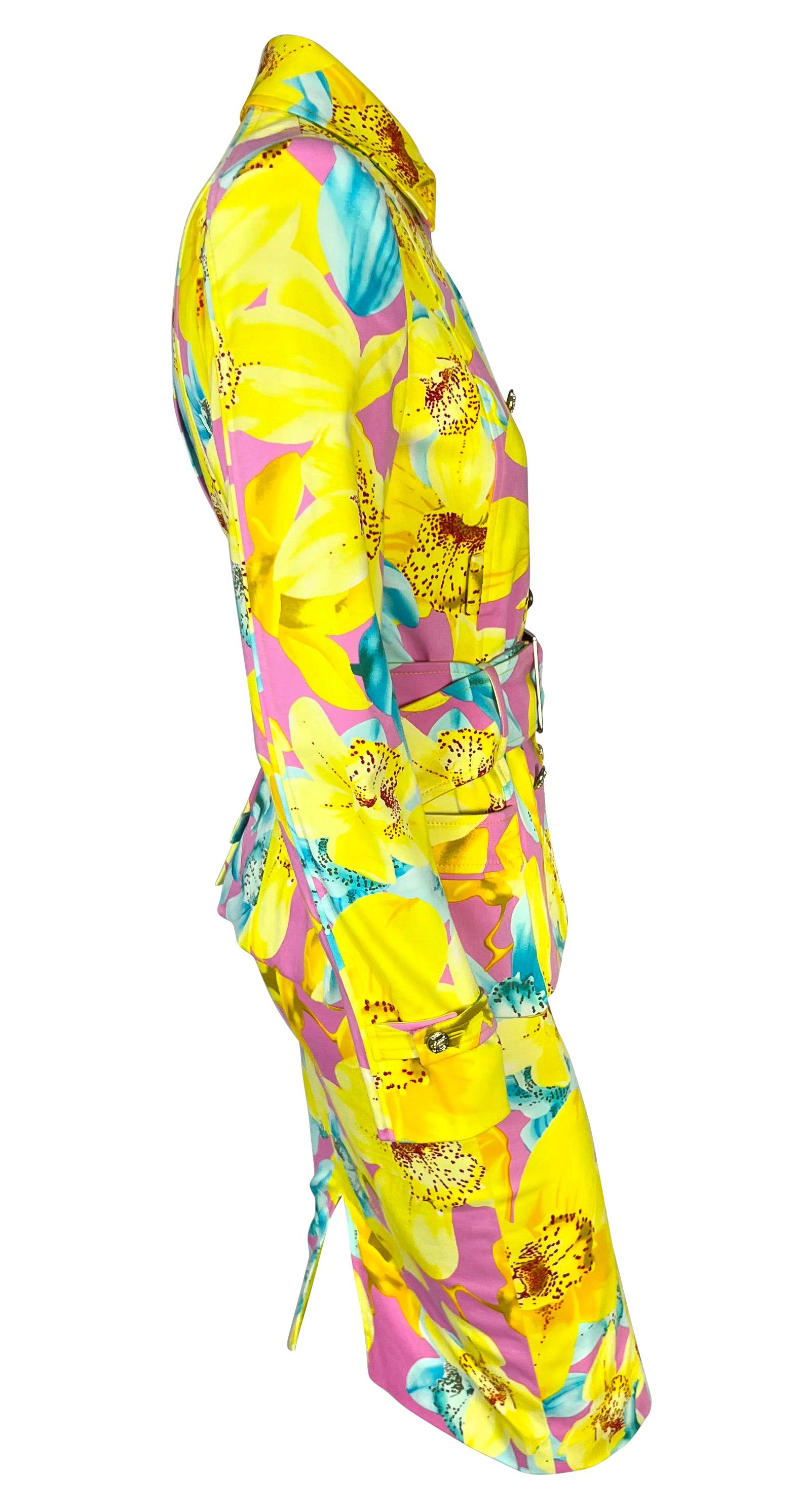 S/S 2004 Versace by Donatella Runway Pink Neon Yellow Floral Belted Skirt Suit For Sale 3