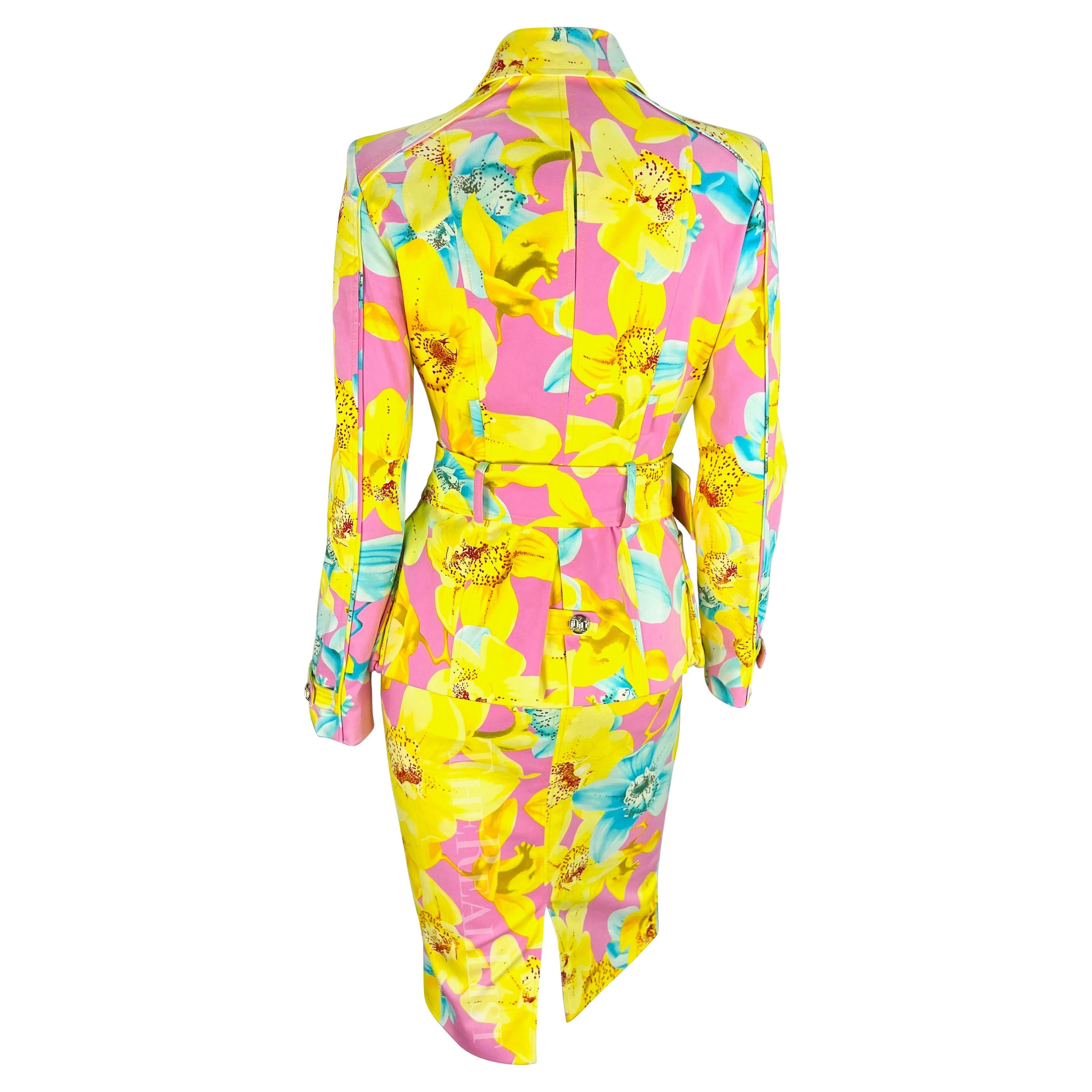 S/S 2004 Versace by Donatella Runway Pink Neon Yellow Floral Belted Skirt Suit For Sale 4