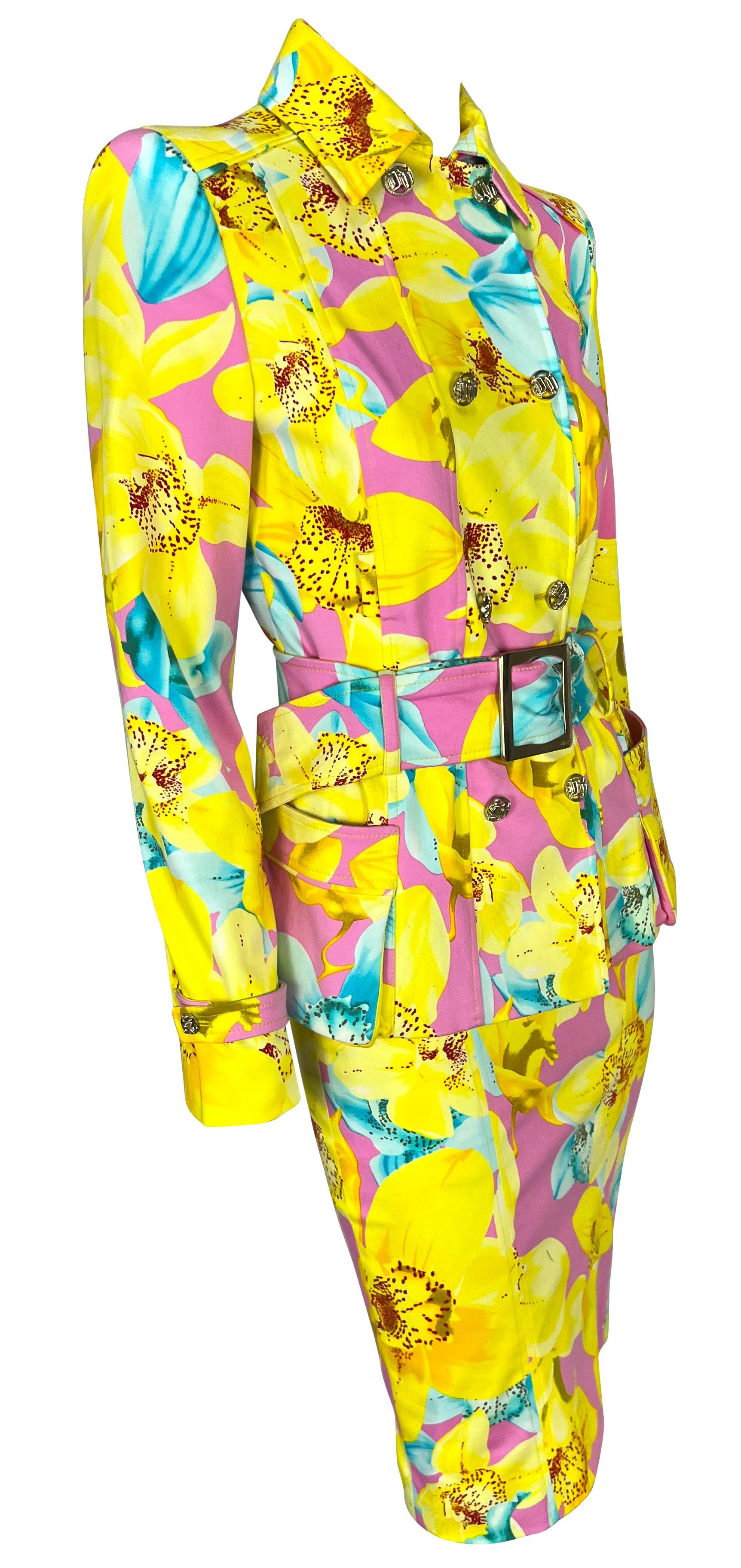 S/S 2004 Versace by Donatella Runway Pink Neon Yellow Floral Belted Skirt Suit For Sale 4