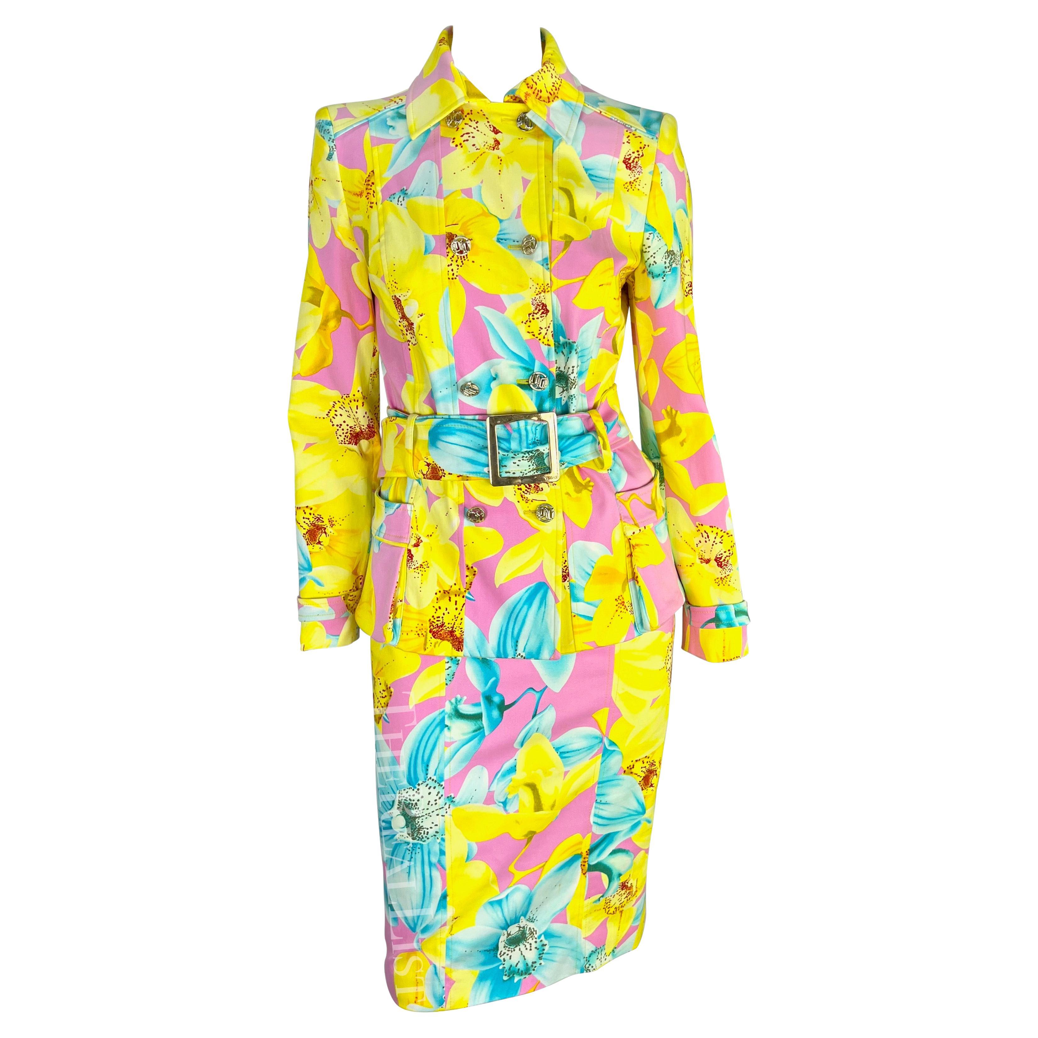 S/S 2004 Versace by Donatella Runway Pink Neon Yellow Floral Belted Skirt Suit For Sale