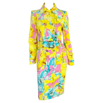 S/S 2004 Versace by Donatella Runway Pink Neon Yellow Floral Belted Skirt Suit