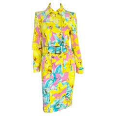 S/S 2004 Versace by Donatella Runway Pink Neon Yellow Floral Belted Skirt Suit