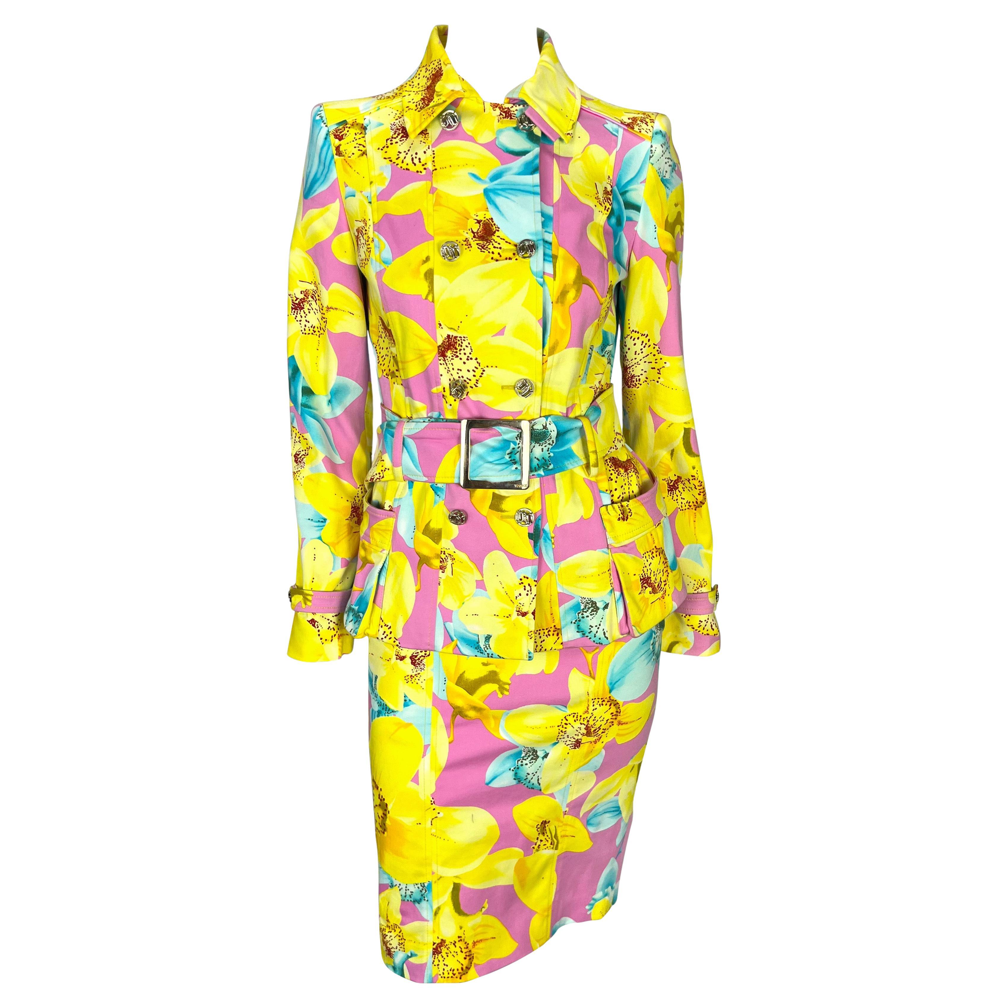 S/S 2004 Versace by Donatella Runway Pink Neon Yellow Floral Belted Skirt Suit For Sale