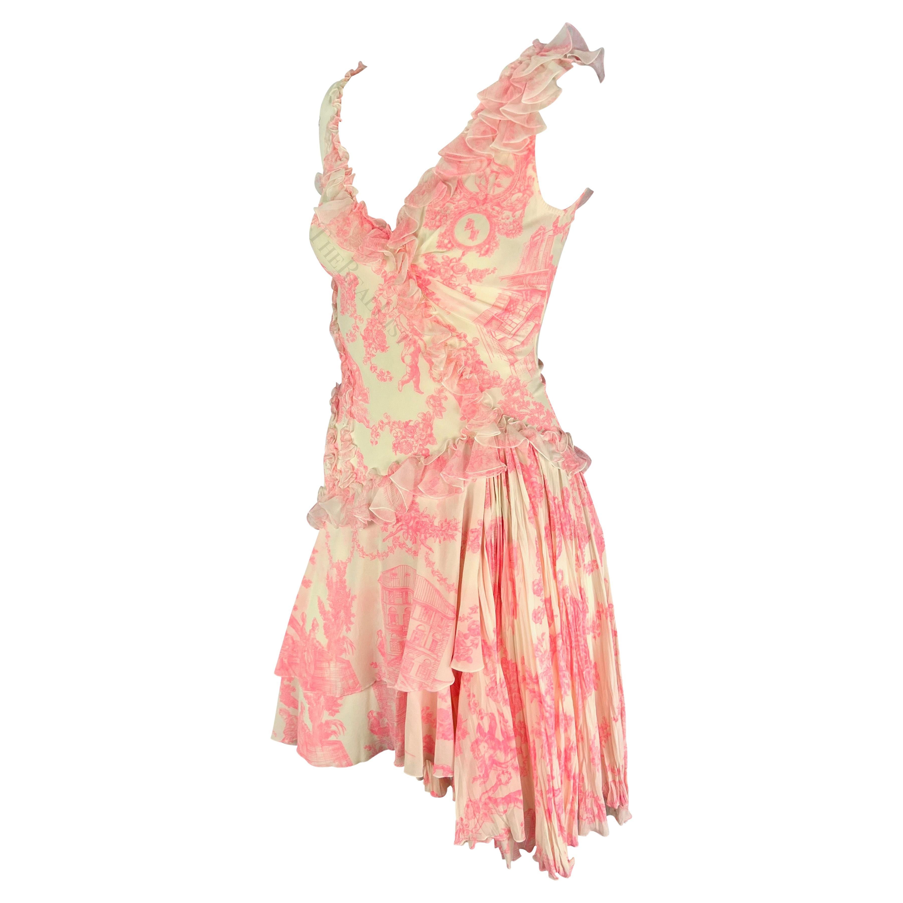 S/S 2004 Versace by Donatella Runway Pink Toile Print Ruffle Flare Mini Dress In Excellent Condition For Sale In West Hollywood, CA