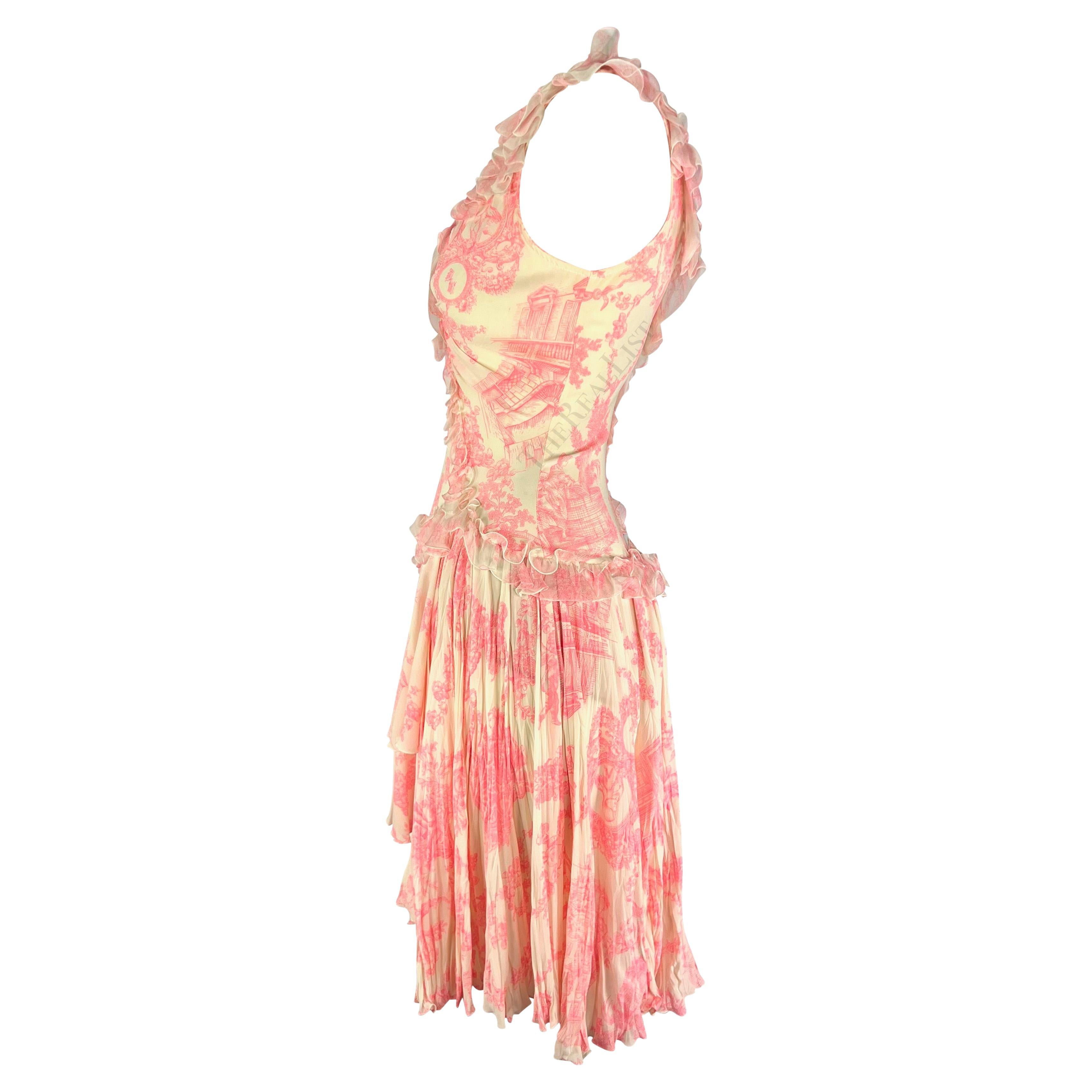Women's S/S 2004 Versace by Donatella Runway Pink Toile Print Ruffle Flare Mini Dress For Sale