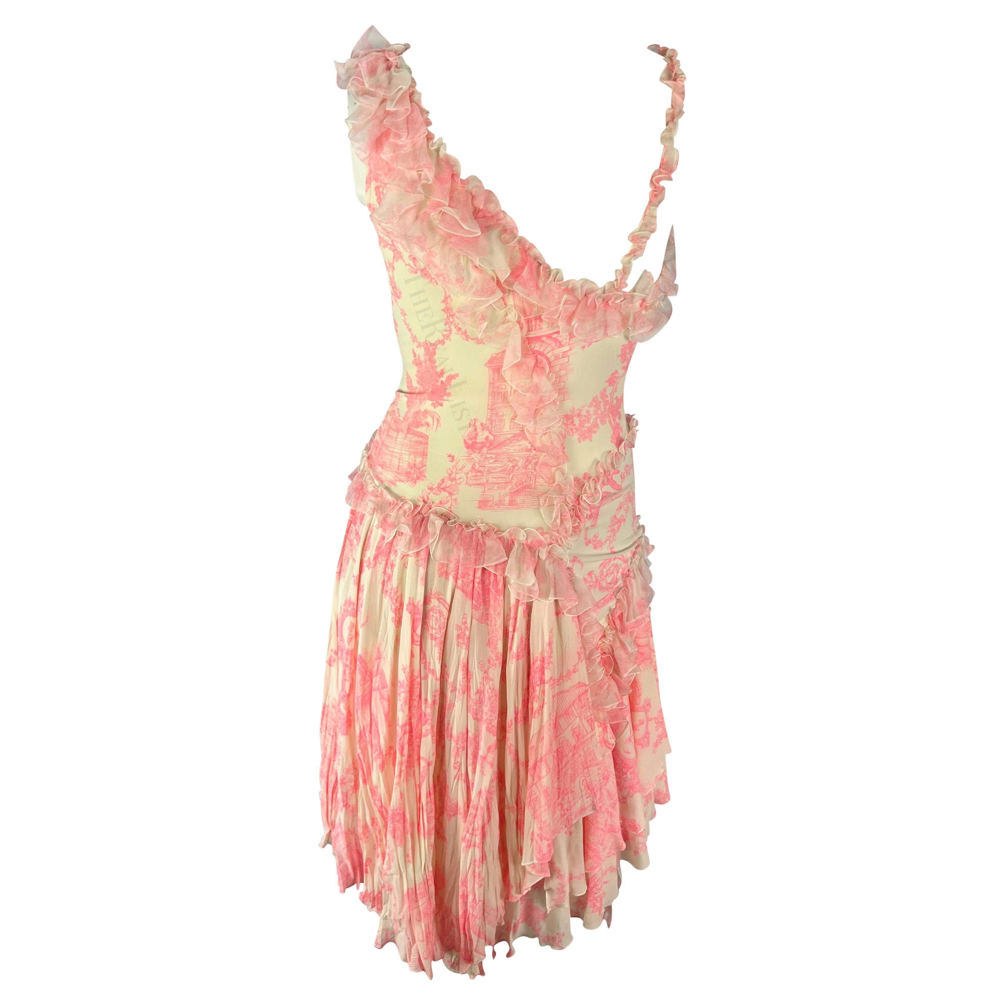 S/S 2004 Versace by Donatella Runway Pink Toile Print Ruffle Flare Mini Dress For Sale 1