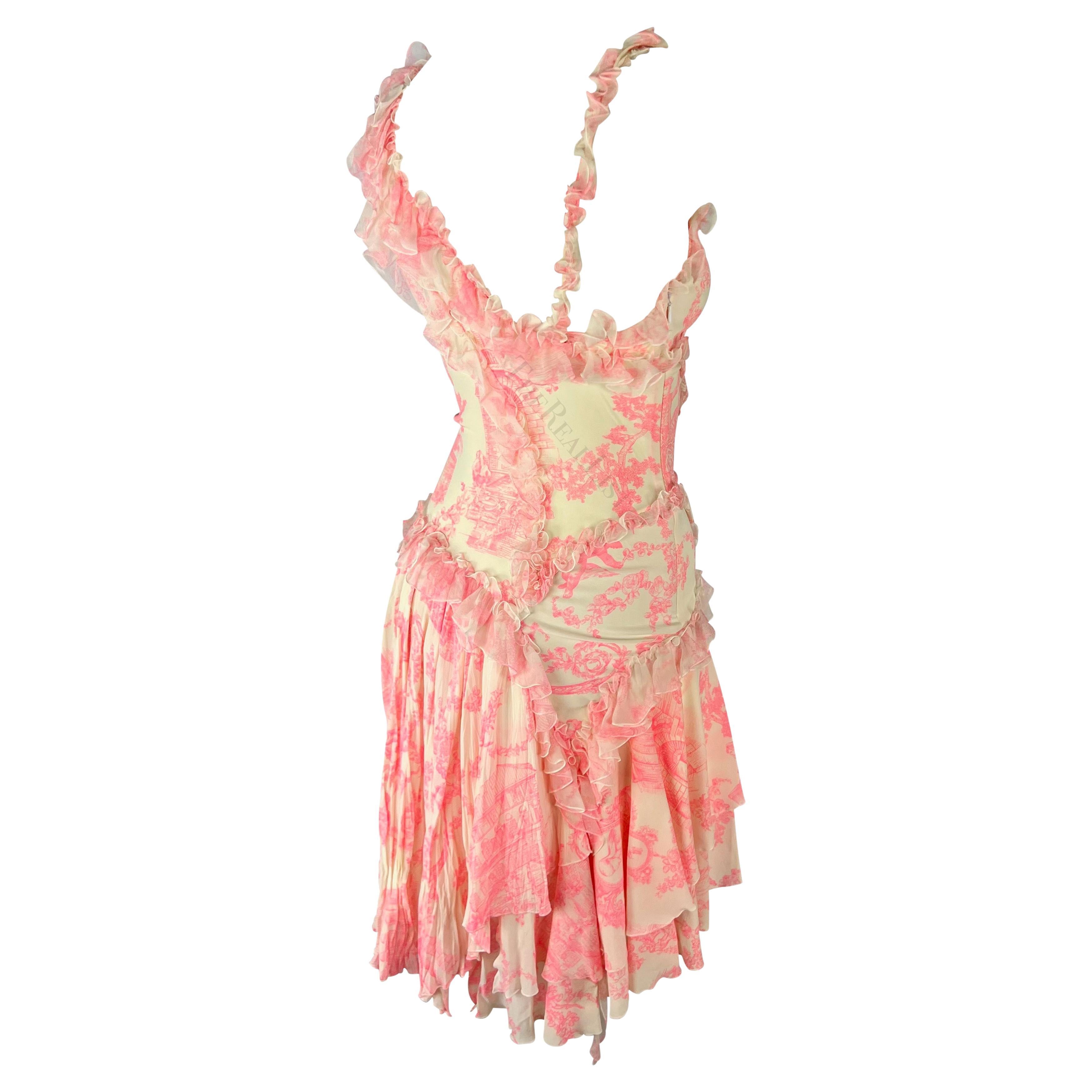 S/S 2004 Versace by Donatella Runway Pink Toile Print Ruffle Flare Mini Dress For Sale 2