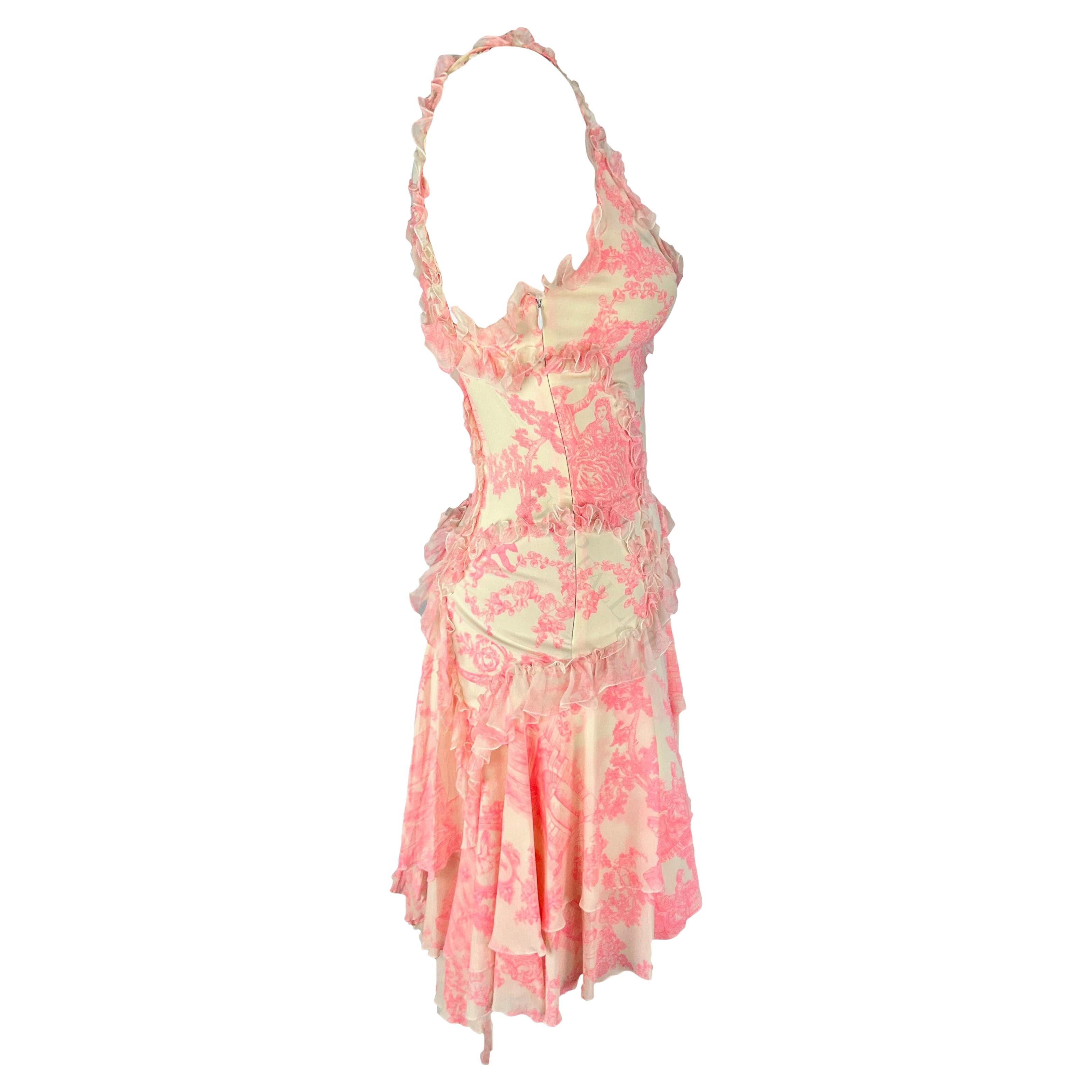 S/S 2004 Versace by Donatella Runway Pink Toile Print Ruffle Flare Mini Dress For Sale 3