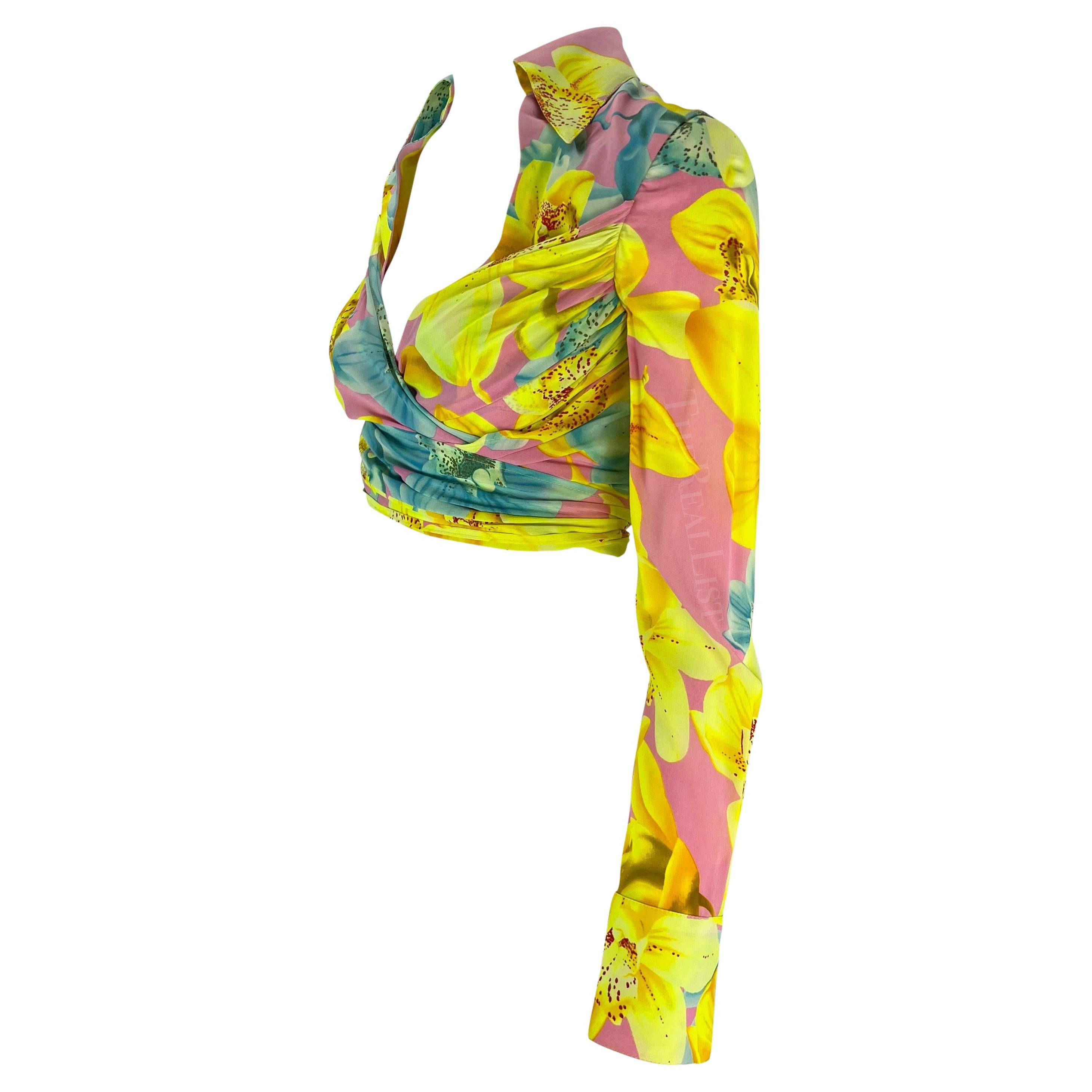 S/S 2004 Versace by Donatella Runway Pink Yellow Floral Runway Wrap Crop Top  In Excellent Condition In West Hollywood, CA