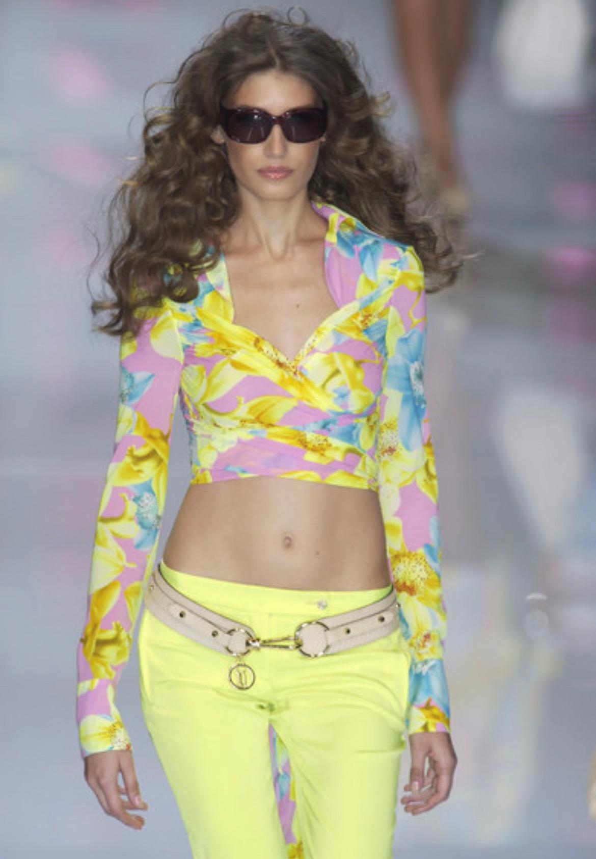 Women's S/S 2004 Versace by Donatella Runway Pink Yellow Floral Runway Wrap Crop Top 