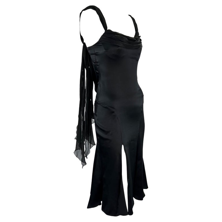 S/S 2004 Versace by Donatella Silk Chiffon Wrap Black Satin Flare Dress In Good Condition In Philadelphia, PA