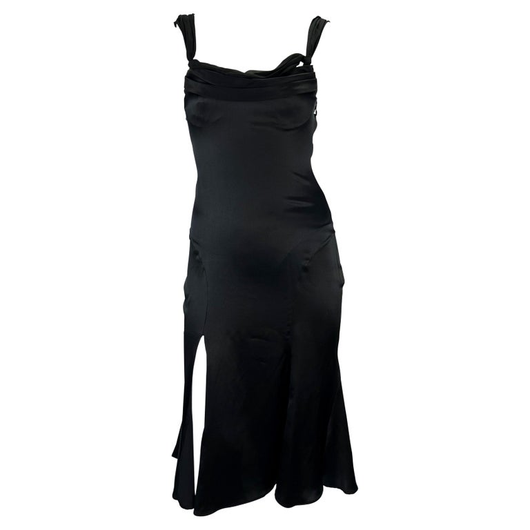 Women's S/S 2004 Versace by Donatella Silk Chiffon Wrap Black Satin Flare Dress