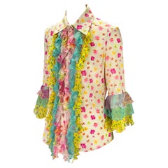 S/S 2004 Versace by Donatella Silk Ruffle Floral Print Pink Yellow Button Up Top