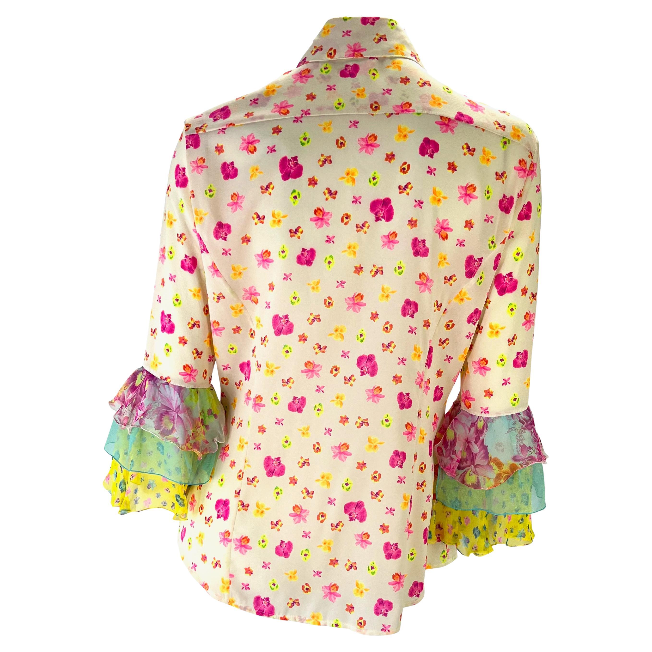 S/S 2004 Versace by Donatella Silk Ruffle Floral Print Pink Yellow Button Up Top In Good Condition In West Hollywood, CA