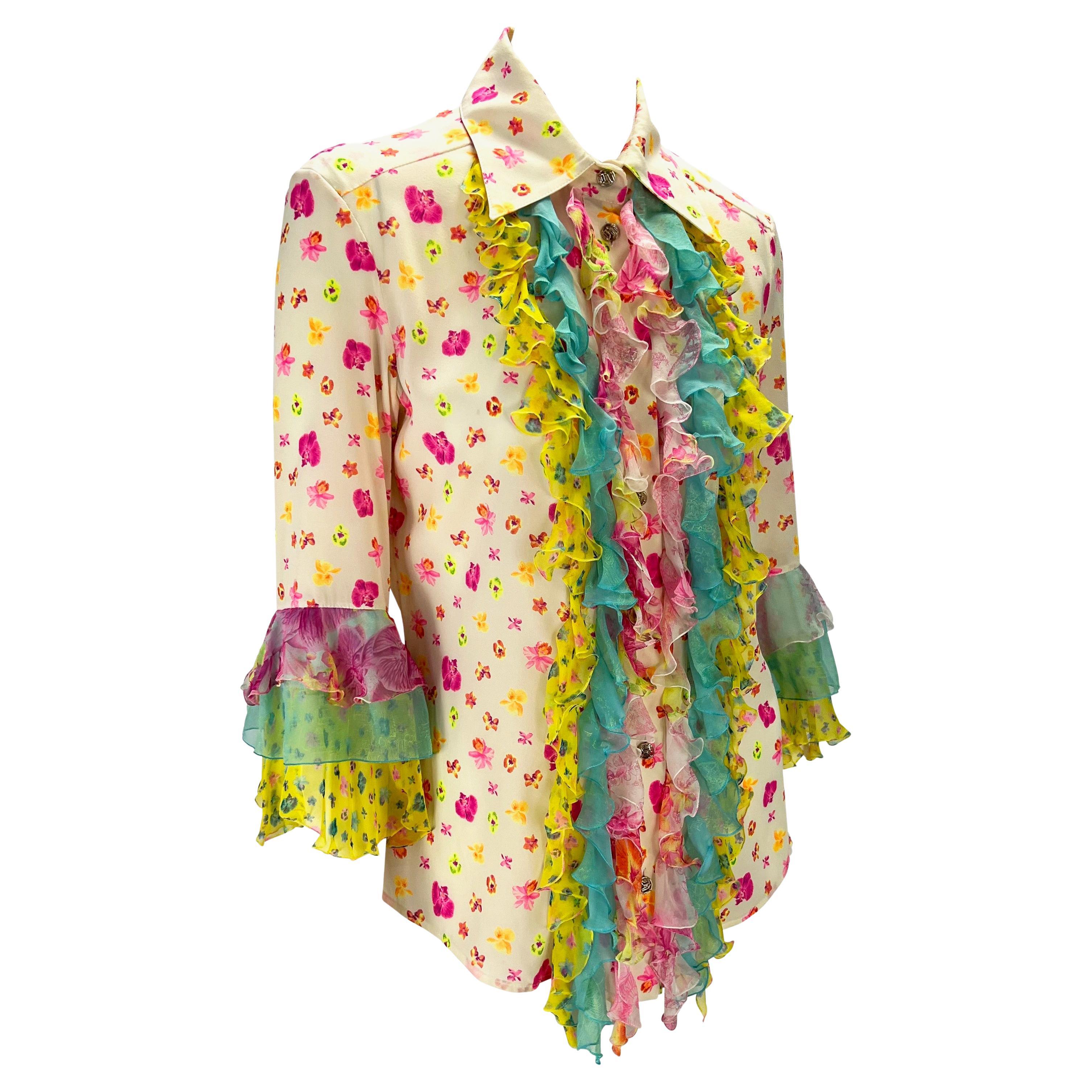 S/S 2004 Versace by Donatella Silk Ruffle Floral Print Pink Yellow Button Up Top 1