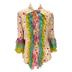 S/S 2004 Versace by Donatella Silk Ruffle Floral Print Pink Yellow Button Up Top