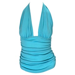 S/S 2004 Versace by Donatella Teal Blue Ruched Halter Neck Stretch Crop Top