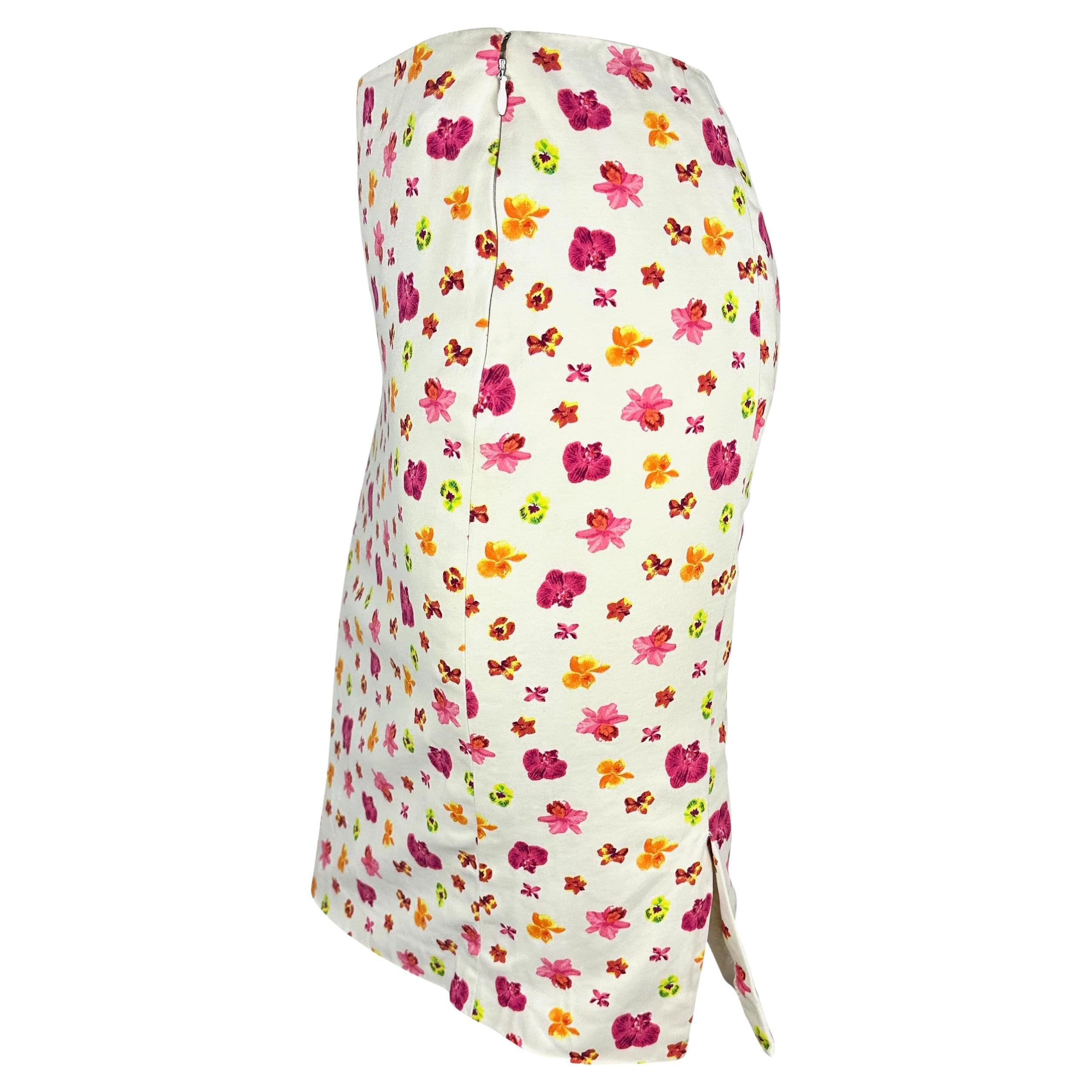 S/S 2004 Versace by Donatella White Neon Floral Bodycon Pencil Skirt In Excellent Condition In West Hollywood, CA