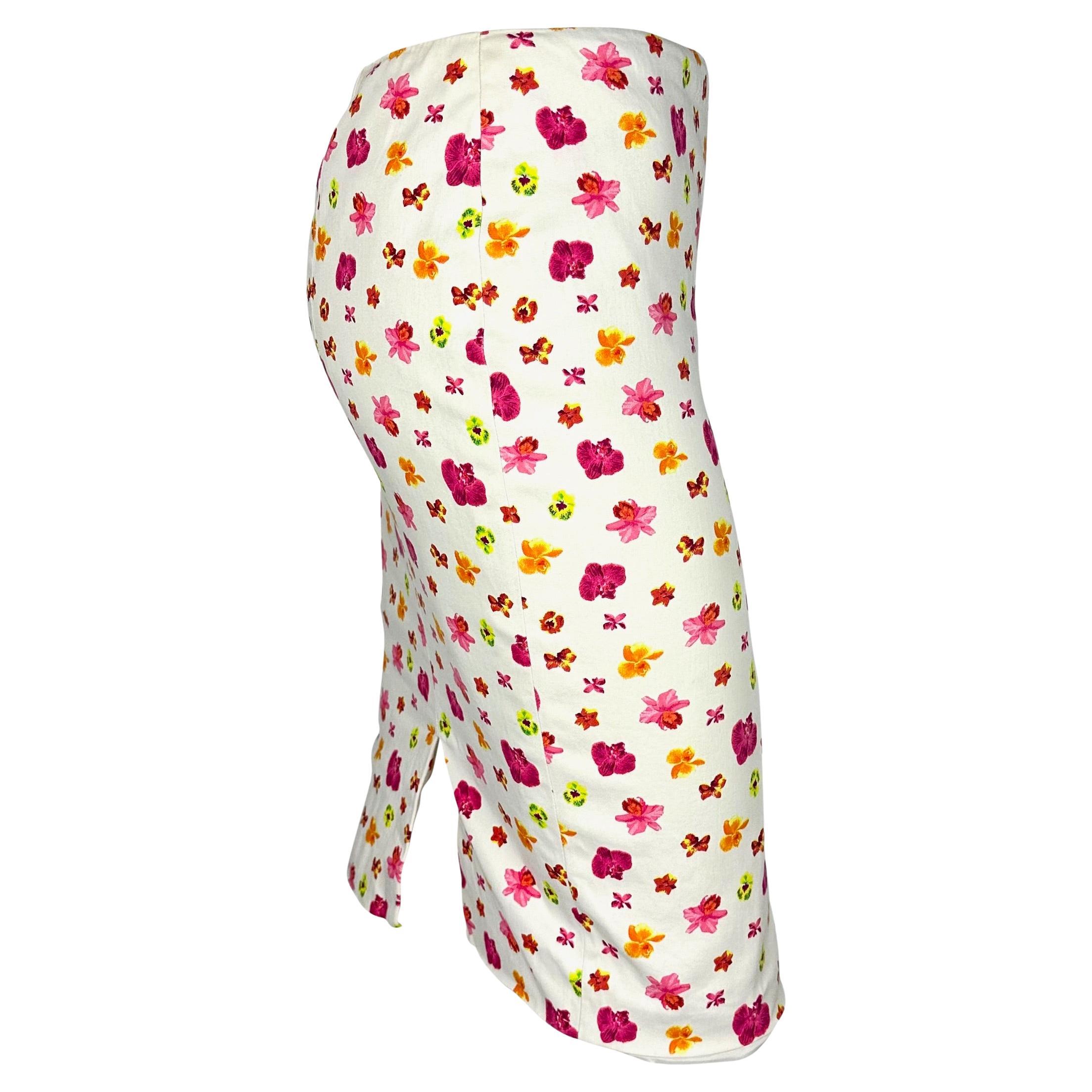 S/S 2004 Versace by Donatella White Neon Floral Bodycon Pencil Skirt 1