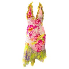 S/S 2004 Versace Vestido de gasa floral neón Pasarela Vintage