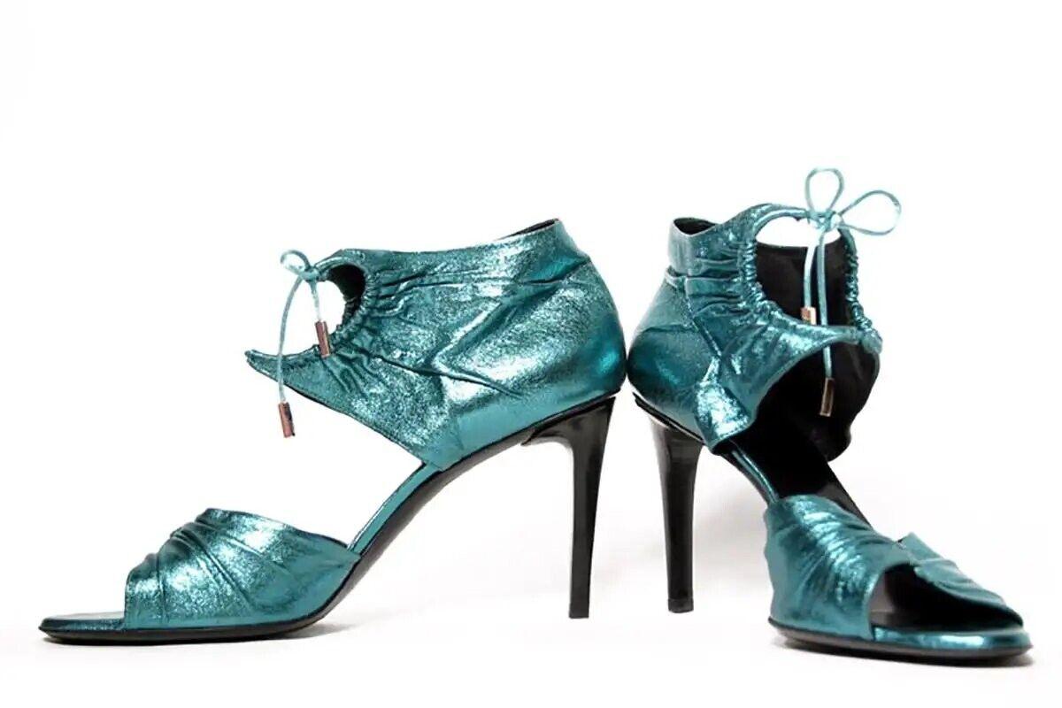 S/S 2004 Vintage Tom Ford for Gucci metallic teal leather shoes 10.5 NWT In New Condition For Sale In Montgomery, TX