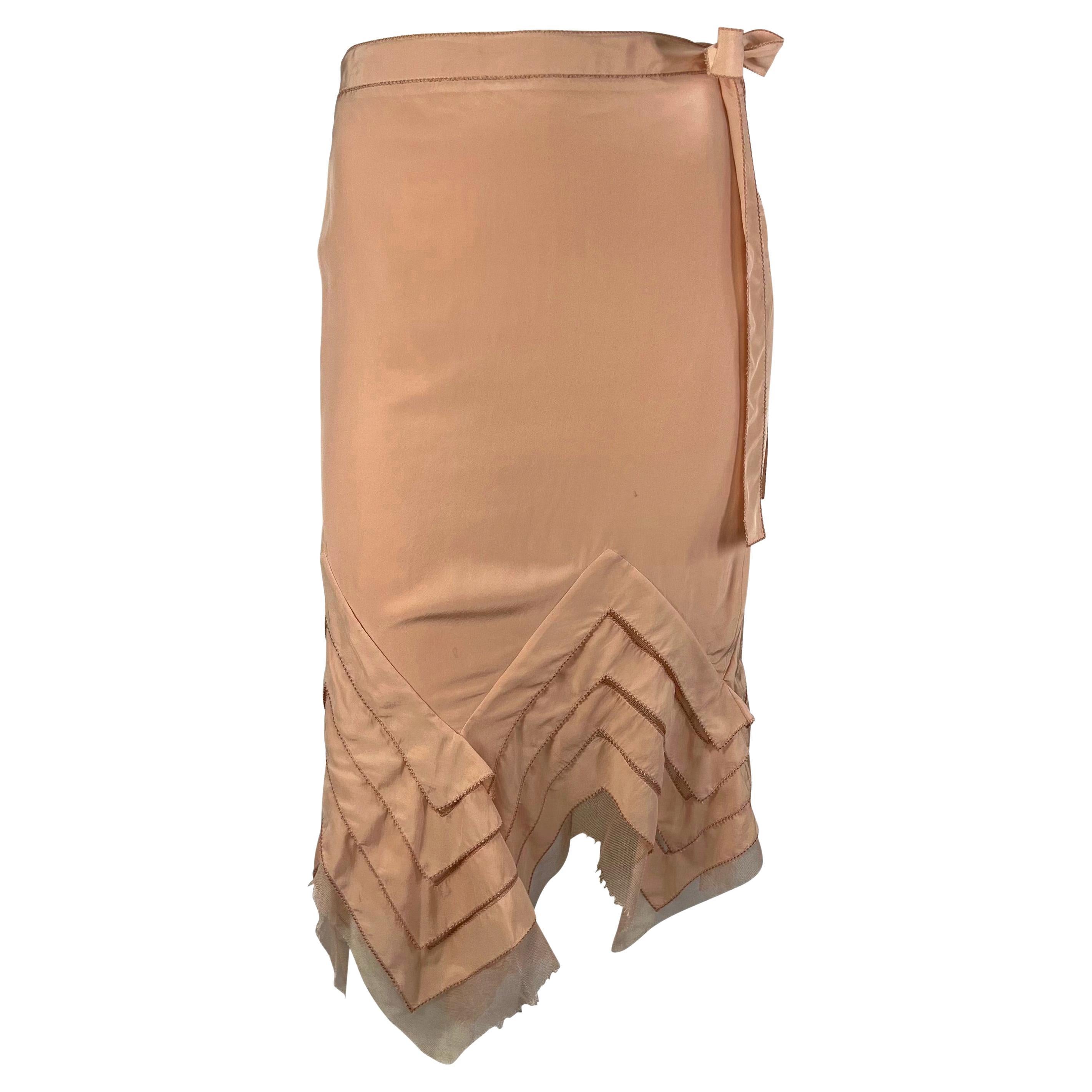 Beige S/S 2004 Yves Saint Laurent by Tom Ford Blush Pink Silk Ribbon Tulle Skirt For Sale