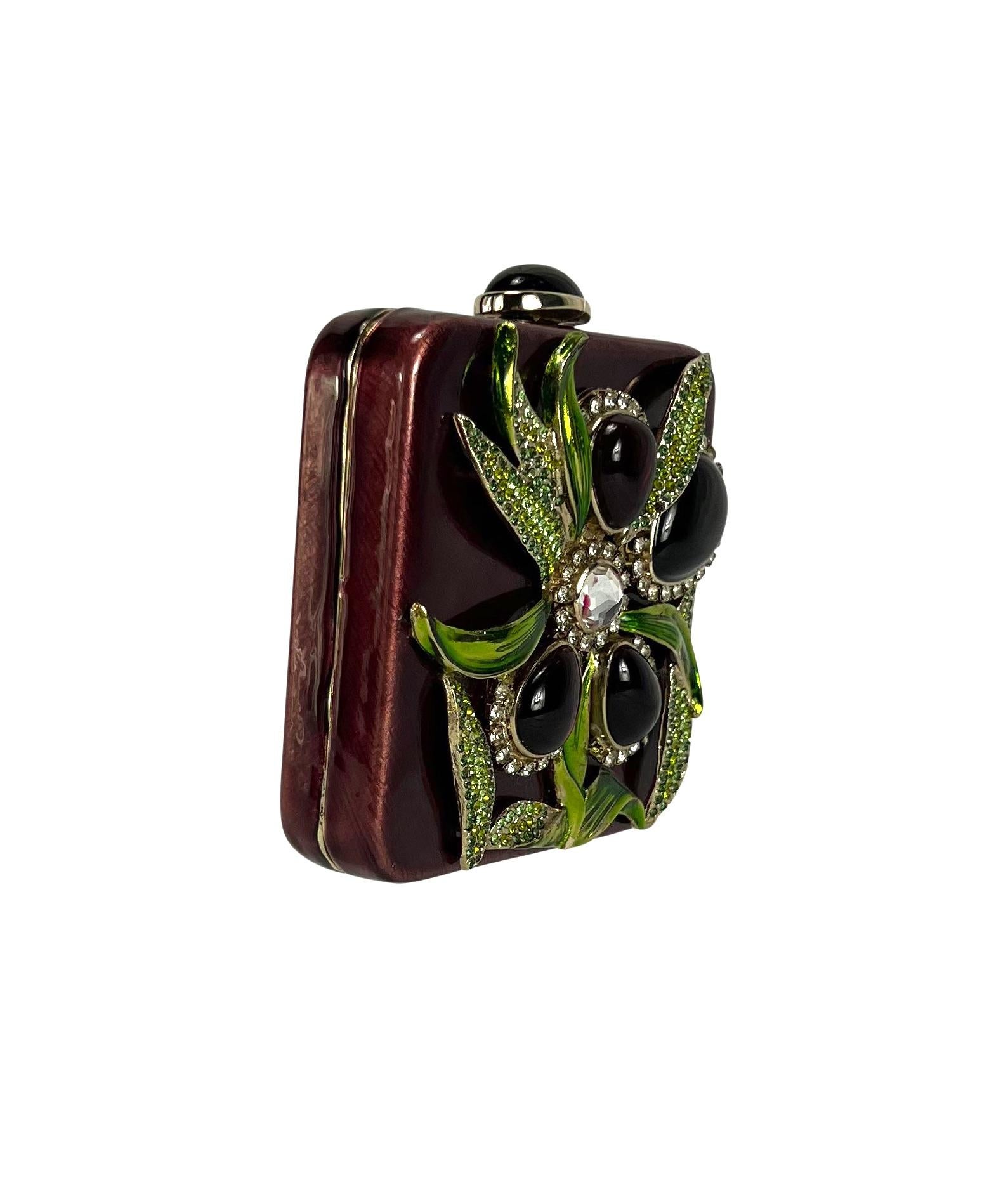 Black S/S 2004 Yves Saint Laurent by Tom Ford Enamel Floral Rhinestone Mini Clutch For Sale