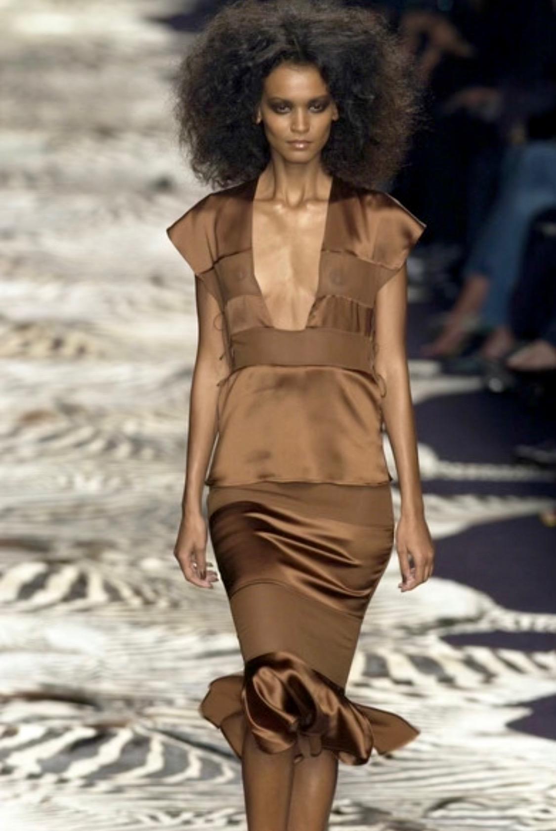 Presenting a daring sheer silk satin panel top designed by Tom Ford for Yves Saint Laurent Rive Gauche's Spring/Summer 2004 collection. This top appeared in brown on Liya Kebede on look 11 of Ford's final spring collection with YSL. Ties at the