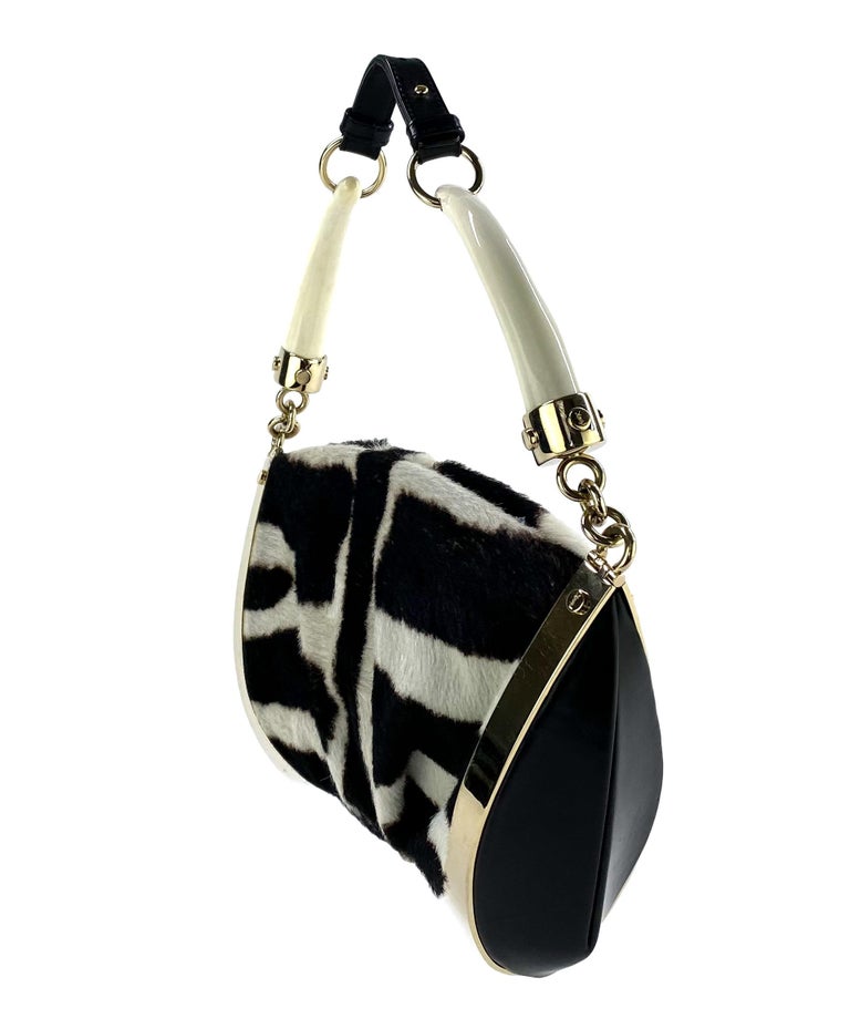 Black S/S 2004 Yves Saint Laurent by Tom Ford Zebra Print Pony Hair Horn Frame Bag For Sale