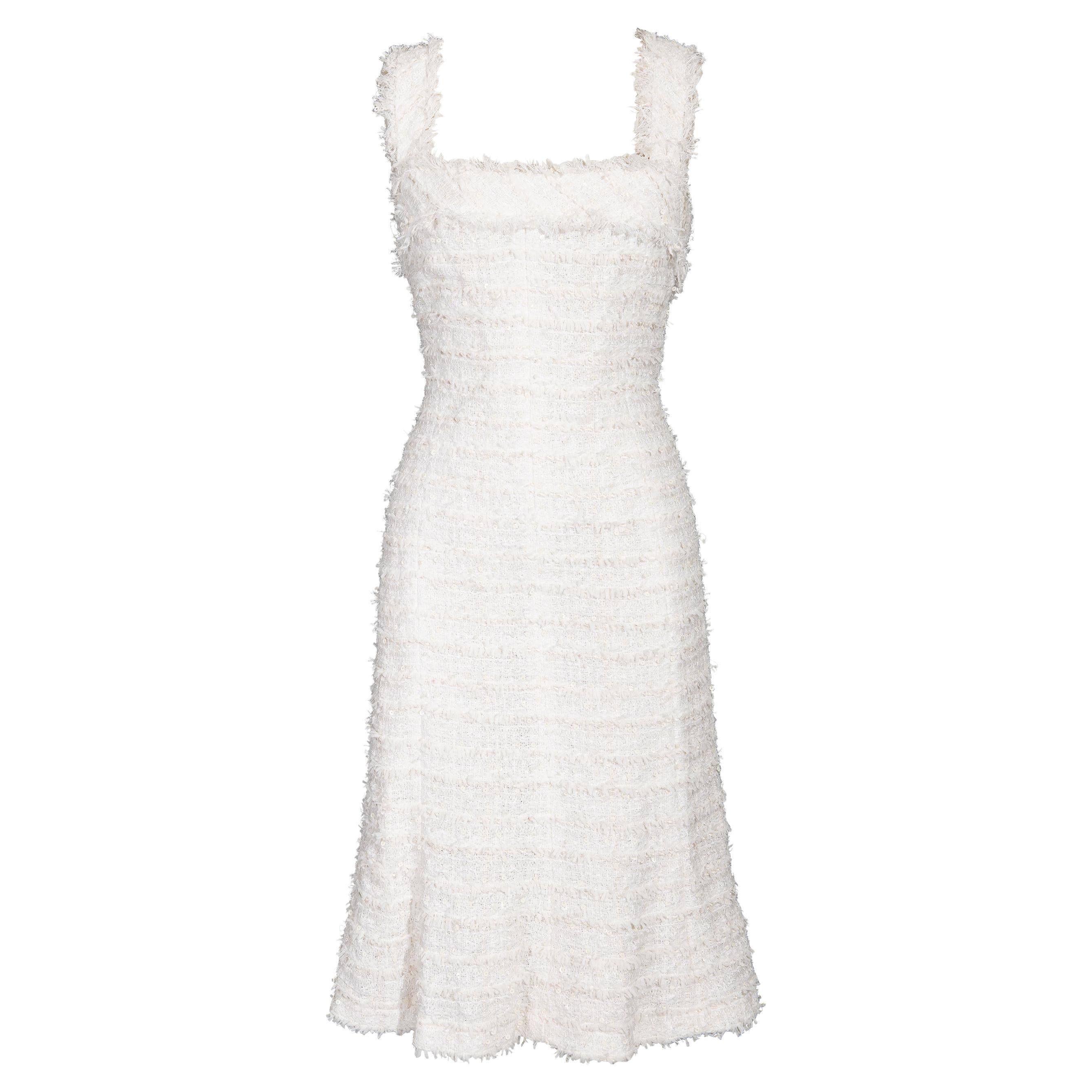 S/S 2005 Chanel by Karl Lagerfeld Metallic White Tweed Above-Knee Dress For Sale