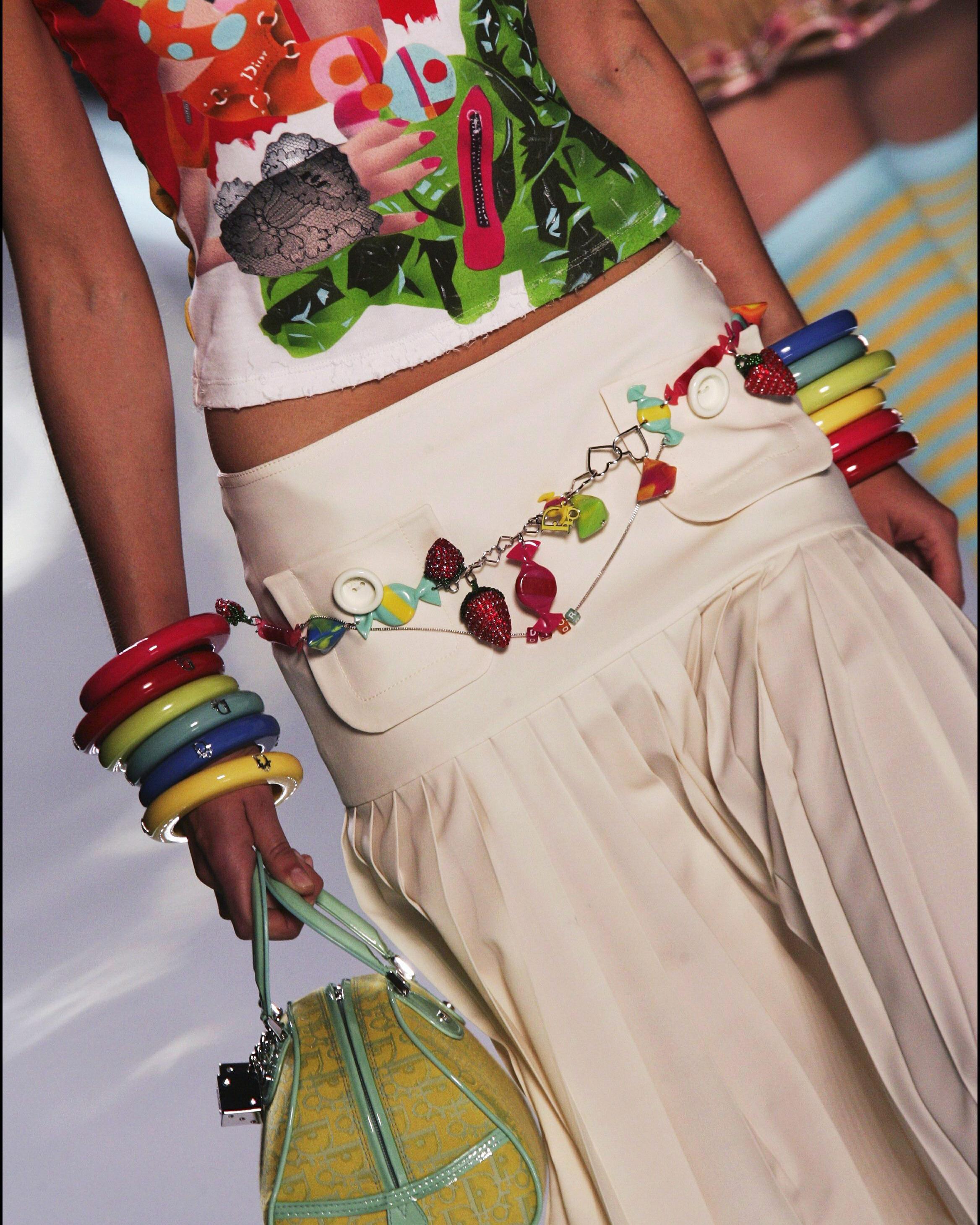 S/S 2005 Christian Dior by John Galliano long candy necklace with 3D strawberries and clip-on candy earring set. Can be styled as long necklace, choker necklace, or belt depending on desired styling. Multicolor plastic candies on silver tone chain