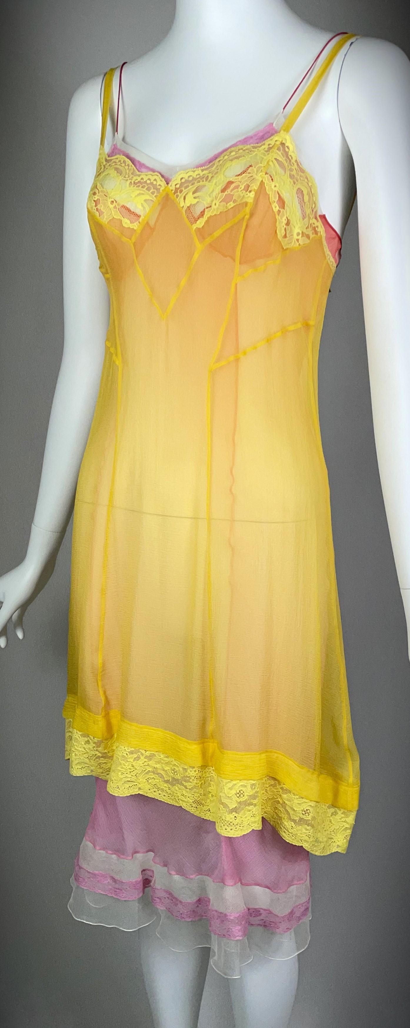S/S 2005 Christian Dior by John Galliano Runway Sheer Pink & Yellow Silk Dress In Good Condition In Yukon, OK