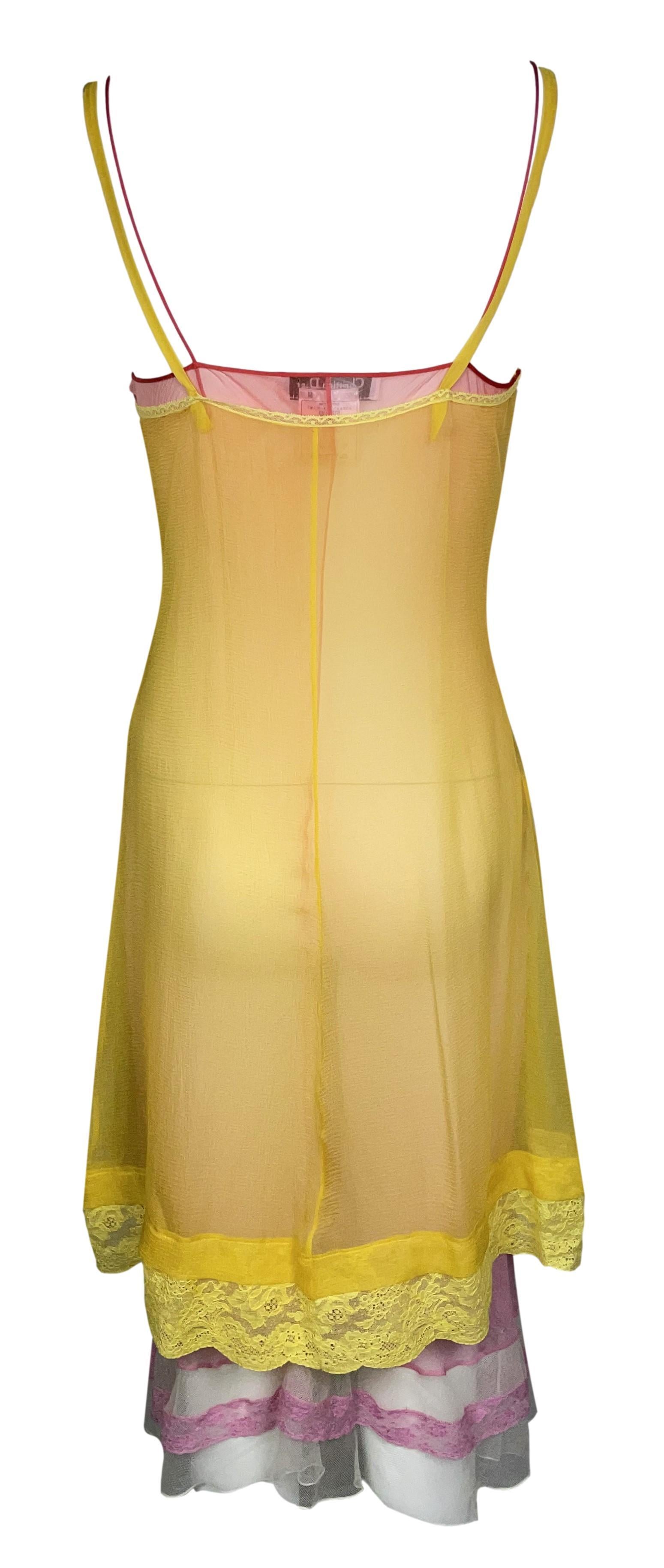 Women's S/S 2005 Christian Dior by John Galliano Runway Sheer Pink & Yellow Silk Dress