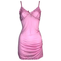 S/S 2005 Christian Dior John Galliano Sheer Pink Ruched Lace Mini Slip Dress