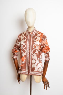 S/S 2005 Donatella Versace Brown Silk Sea Shell Rococo Baroque print Shirt