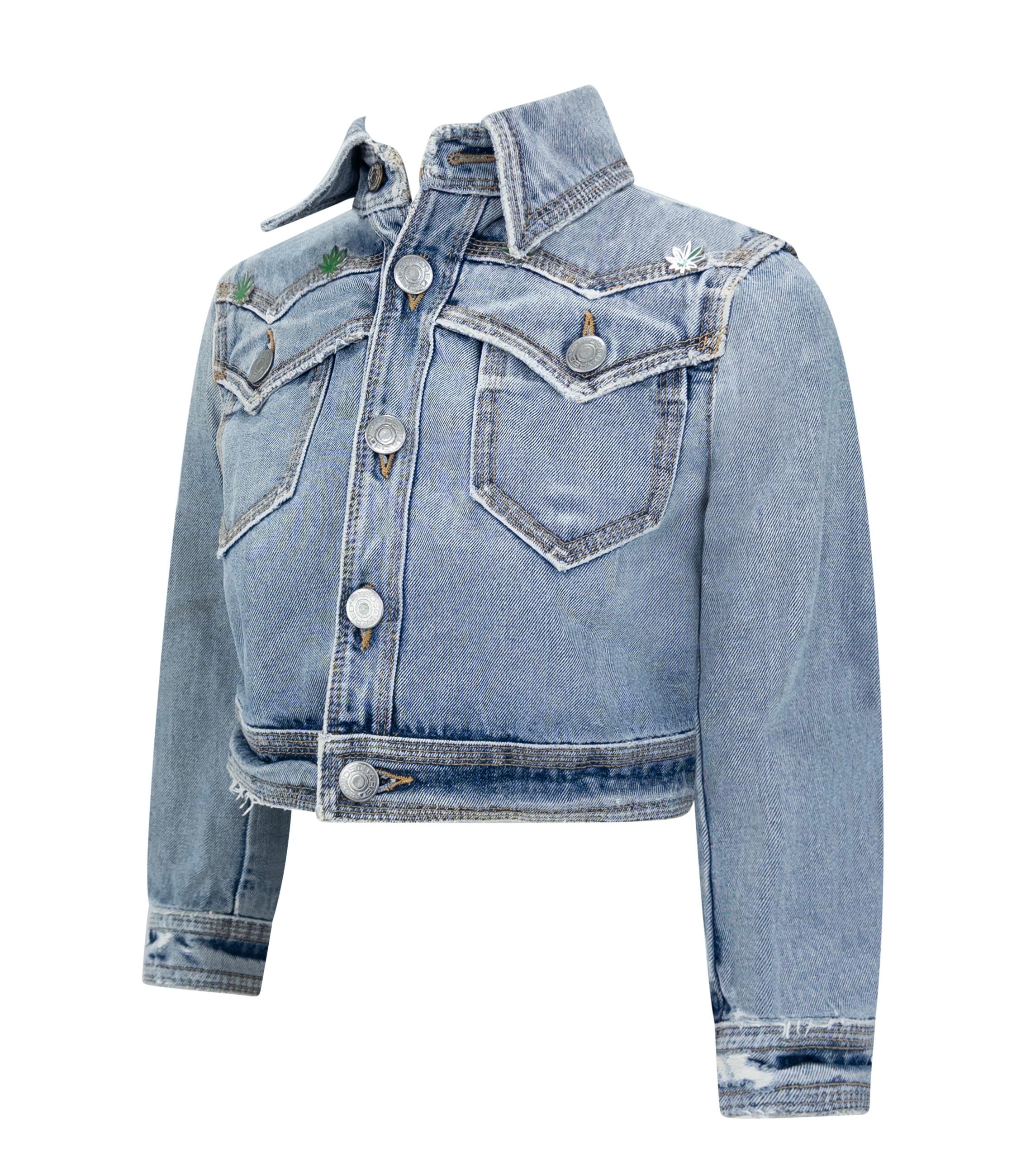 Gris S/S 2005 Dsquared2 Marijuana Leaf Stoner Distressed Denim Cropped Jacket en vente