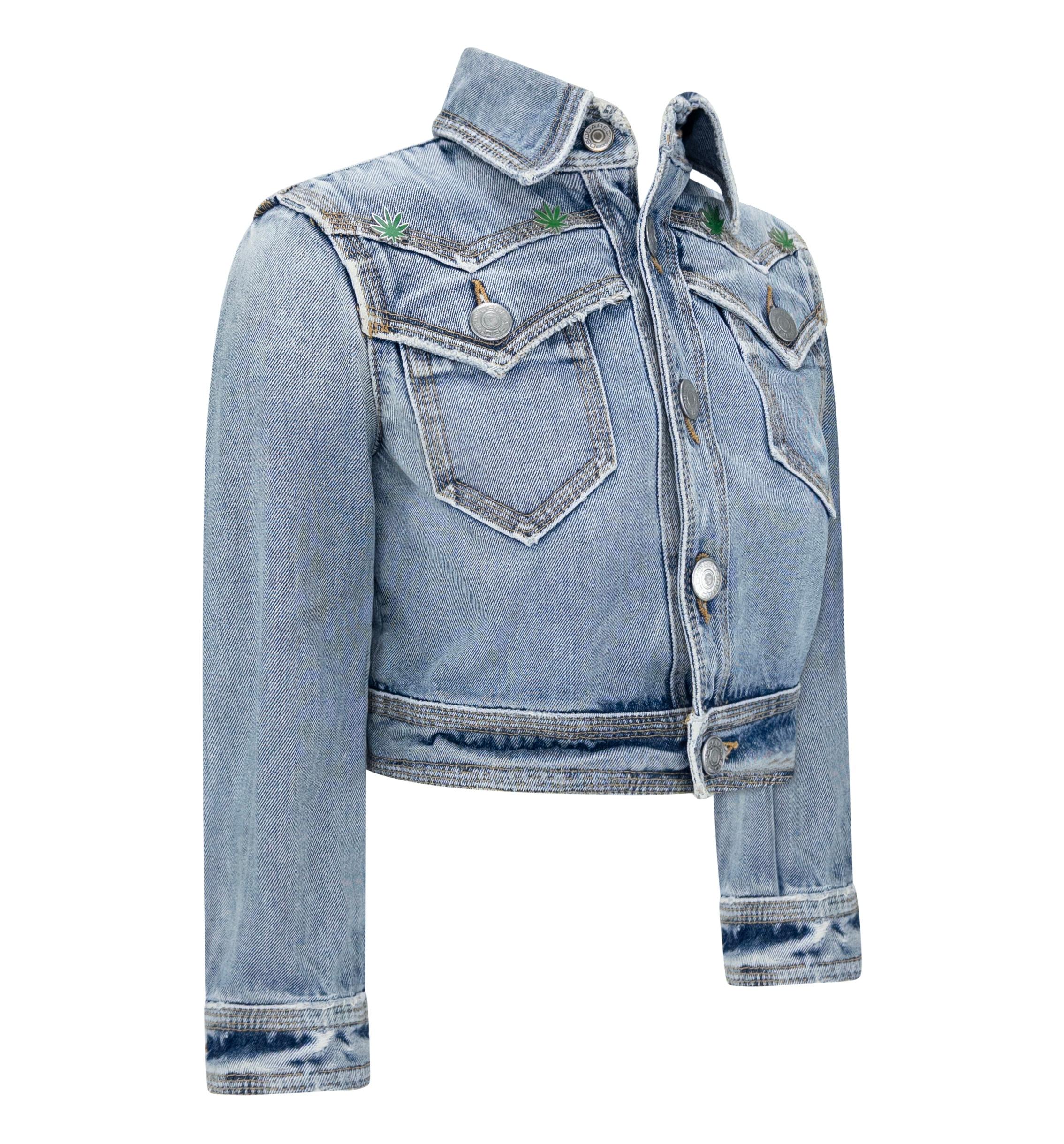S/S 2005 Dsquared2 Marijuana Leaf Stoner Distressed Denim Cropped Jacket en vente 3