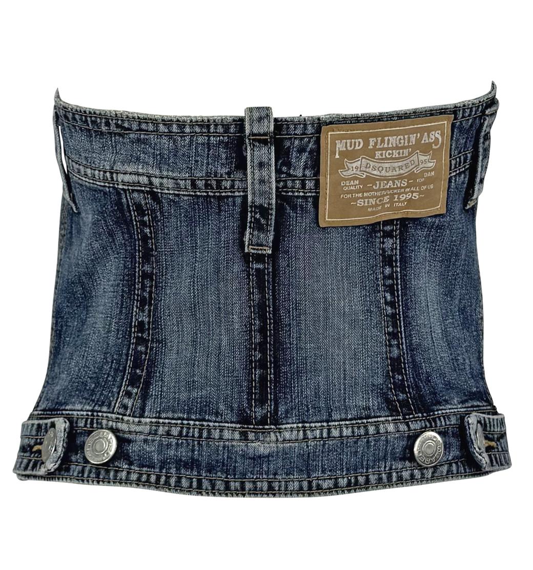 Women's S/S 2005 Dsquared2 Runway Denim Blue Jeans Strapless Corset Boned Top For Sale