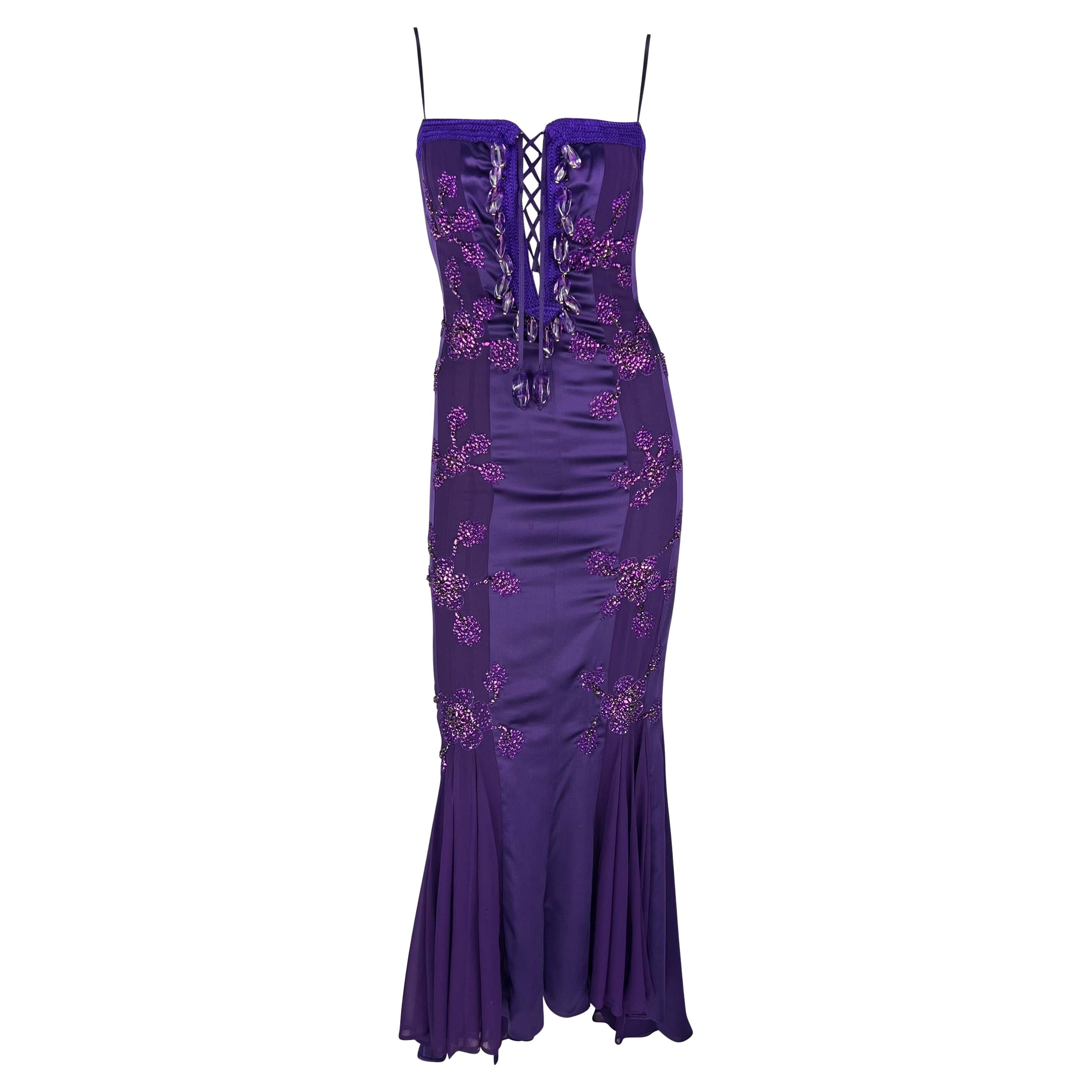 S/S 2005 Emanuel Ungaro by Giambattista Valli Rhinestone Purple Lace-Up Gown For Sale