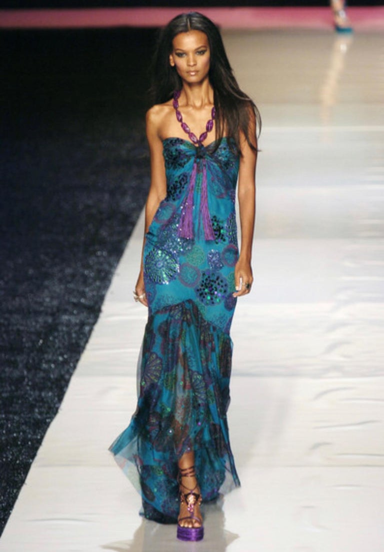 S/S 2005 Emanuel Ungaro by Giambattista Valli Runway Ad Rhinestone Teal Gown In Good Condition For Sale In Philadelphia, PA
